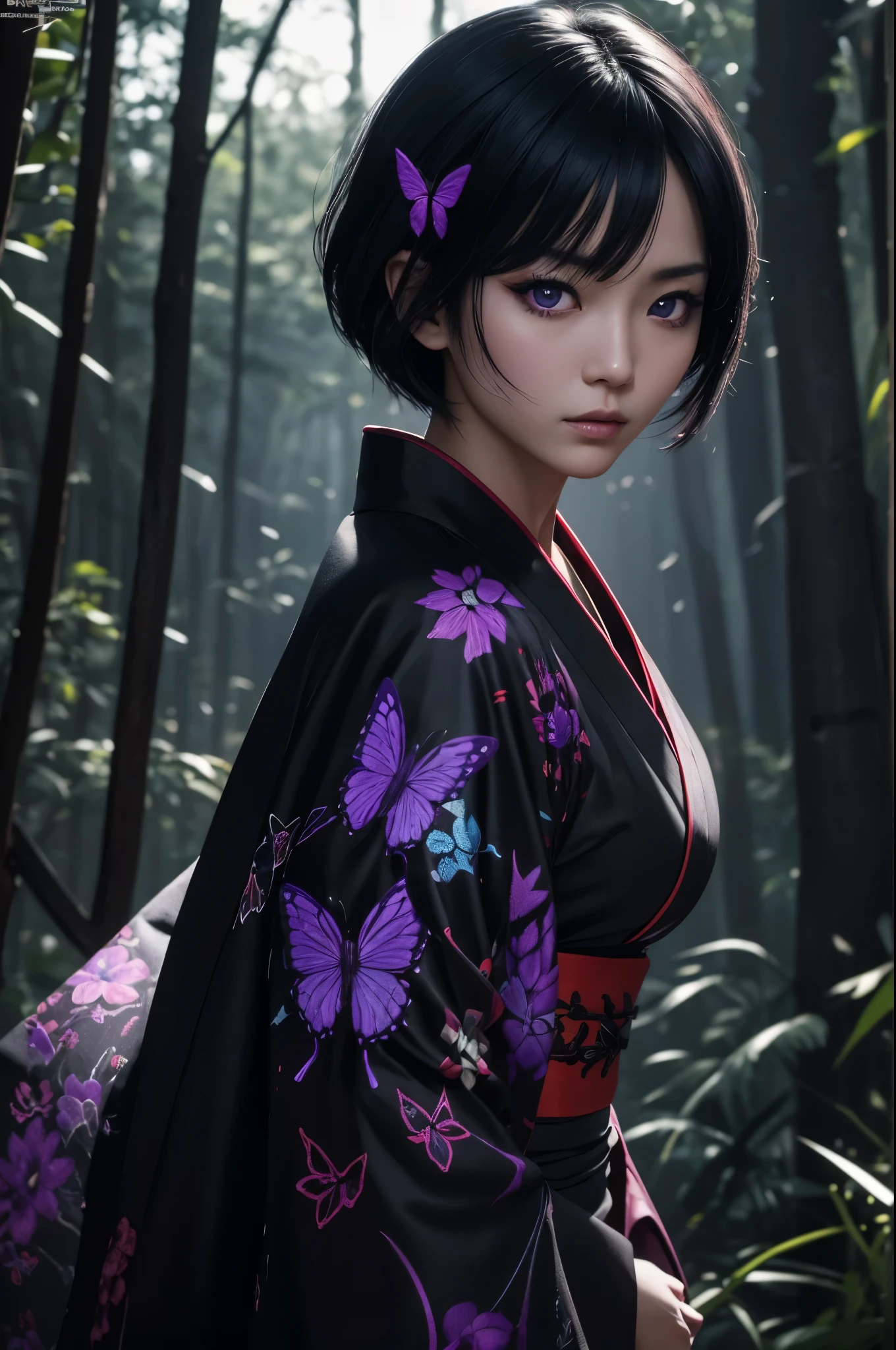 8K,Woman in Japan traditional costume,(dark shot:1.4), 80mm, (dark shot:1.4), 80mm, epic real, Big eyes,Black hair short bob hair,black and purple butterfly hair ornament,black kimono and red obi,black and purple butterfly pattern(Precise butterfly embroidery),purple eyes(purple effect),matted, art,soft cinematic light, photo lab, HDR, 複雑で非常にdetailed, (Depth of bounds written:1.4), (dark shot:1.22), (artステーション:1.2), 超detailedな, dramatic, intricate details, (technicolor:0.9), (rutkowski:0.8), horror movie-like, detailed, soft light, sharp, exposure blend, medium shot, (noir:0.4), horror light,sharp, exposure blend、medium shot,Photorealistic RAW photos of the highest quality。Backlight, cinematic lighting, film grain, to be born, 50mm lens, Nikon D850,realistic skin,ファンタジーart,キャラクターart,ultra high resolution,Lots of poses,muscular slim body,in the forest,super realistic skin,late night,underworld devil makeup,demon makeup,battle scene,action scene,action pose,wave a fan,激しいaction pose,fierce fighting,