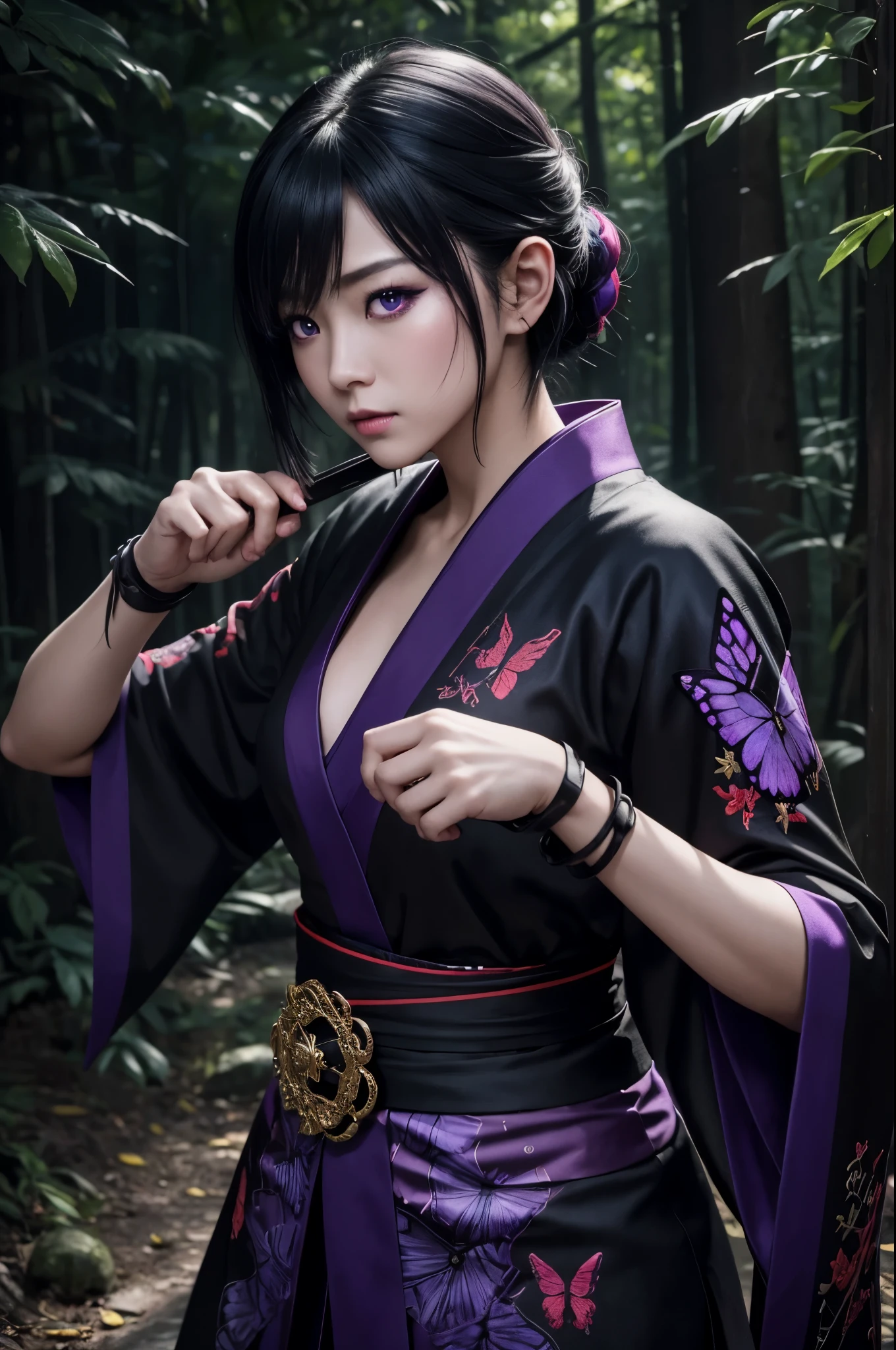 8K,Women in traditional Japanese costumes fighting,(dark shot:1.4), 80mm, (dark shot:1.4), 80mm, epic real, Big eyes,Black hair short bob hair,black and purple butterfly hair ornament,black kimonoと赤い帯,black and purple butterfly pattern(Precise butterfly embroidery),purple eyes(purple effect),matted, art,horror movie lights, photo lab, HDR, 複雑で非常にdetailed, (Depth of bounds written:1.4), (dark shot:1.22), (artステーション:1.2), 超detailedな, dramatic, intricate details, (technicolor:0.9), (rutkowski:0.8), horror movie-like, detailed, soft light, sharp, exposure blend, medium shot, (????:0.4), horror light,sharp, exposure blend、medium shot,Photorealistic RAW photos of the highest quality。Backlight, cinematic lighting, film grain, to be born, 50mm lens, Nikon D850,realistic skin,ファンタジーart,キャラクターart,ultra high resolution,muscular slim body,in the forest,super realistic skin,late night,underworld devil makeup,demon makeup,battle scene,action scene,action pose,激しいaction pose,fierce fighting,Holding a dagger,acrobatic pose,Fighting style,emits a purple aura from the body(濃いpurple effect),Dark purple smoke around the body(濃いpurple effect),black kimono,