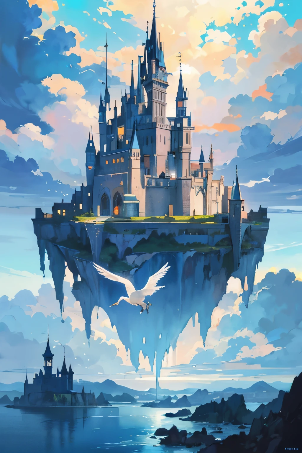 No people, Side and top views, With view 3/4, Amazing aerial city of constellations, night, birds and pegasus、((A painting depicting a castle in a floating city where Pegasus resides.)), shine, The world above the blue sky and clouds, glowing clouds, (an immense floating castle). very detailed, Based on Pushkin&#39;s fairy tale, Beautifully detailed fantasy, fantasy seascape, water is everywhere, magic of light, 美しいshine