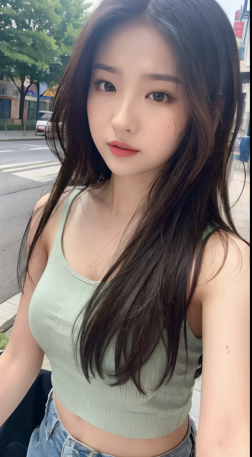 ((Best quality, 8K, Masterpiece :1.3)), Sharp focus :1.2, perfect figure beautiful woman:1.4, Slim abs:1.2, ((Layered Hair Style, mischievous expression:1.2)), (Tank top shirt:1.1 ), (the street:1.2), Highly detailed facial and skin texture, 詳細な目, 二重まぶた,Keep one's mouth shut,