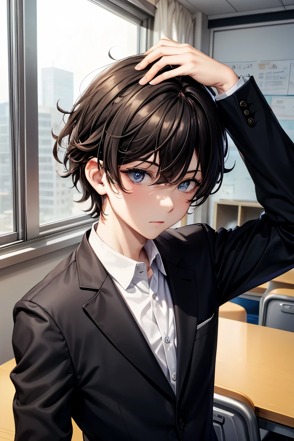 Boy, young looking man, short black hair 1.5, messy hair with bangs from the forehead to the beginning of the eyes, slightly wavy hair, uniform school similar to a black suit with yellowish edges, pale skin, red eye iris, bored facial expression with funny humor tone, athletic body underneath your clothes, image showing the top of the head to the end of the waist, ultra detailed, classroom interior landscape