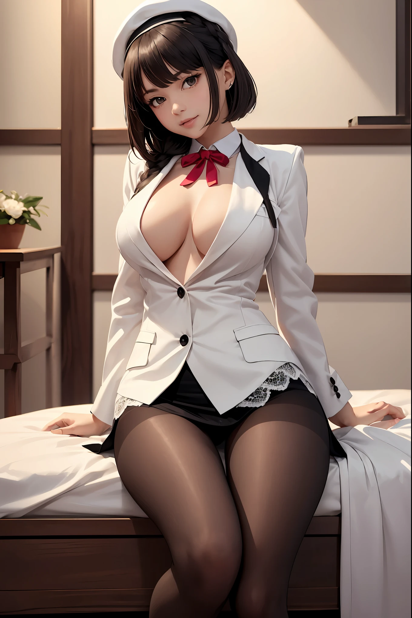 ((Masterpiece: 1.3)), ((Absolute Resolution: 1.2)), ((Superlative,: 1.4)), super detailed face, complex and detailed eyes, one girl, smooth nasal bridge, detailed mouth, polite and cute smiling expression, realistic bumps on human body, silky smooth hair texture, one girl, solo, buxom beautiful girl, High school girl, cute design blazer uniform, long sleeves, white blouse, pink breast cloth, cleavage, priss skirt, (shiny black pantyhose denier 25), white silk cloth visible through pantyhose, ribbon, beret, frills, lace, black hair in braids in one-length bob cut, years Cute design adornments commensurate with her age, showing her whole body (sitting pose with legs spread to either side and hips floating: 1. 3), innocent hand movements, (white skin: 1. 3), breasts filled with large amounts of fat swaying softly, cinematic lighting, perfect shading, ((cute nursery)), realistic lighting with shadows, from below Licking shot,