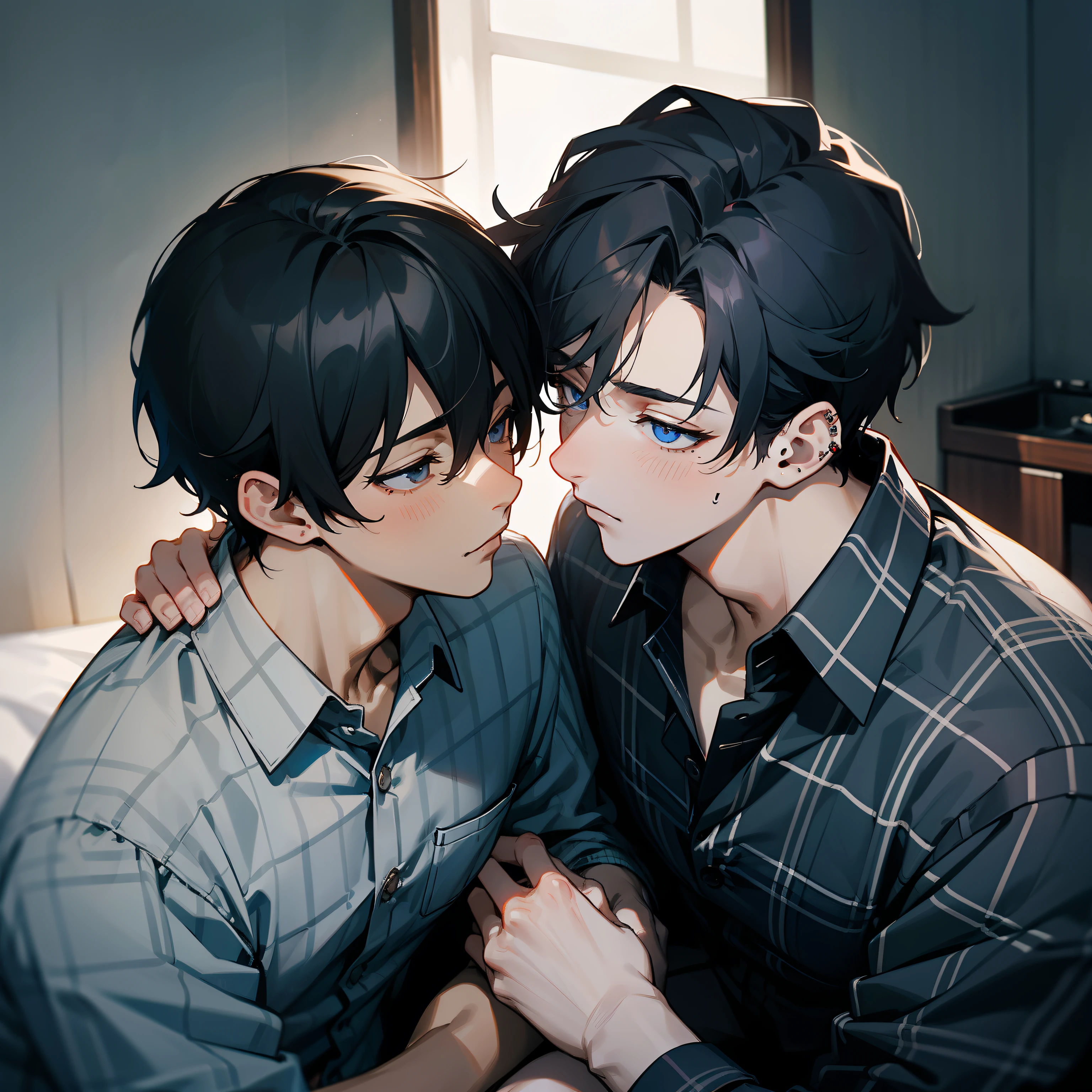 drunk man、yaoi、Dois homens、Um moreno、centrado no homem、A camisa、camisa xadrez azul、cabelo curto、Camisa xadrez branca e cinza claro、toupeira sob a boca、Olhando para os outros、em uma casa、Anel de mamilo de orelha、Piercing simples