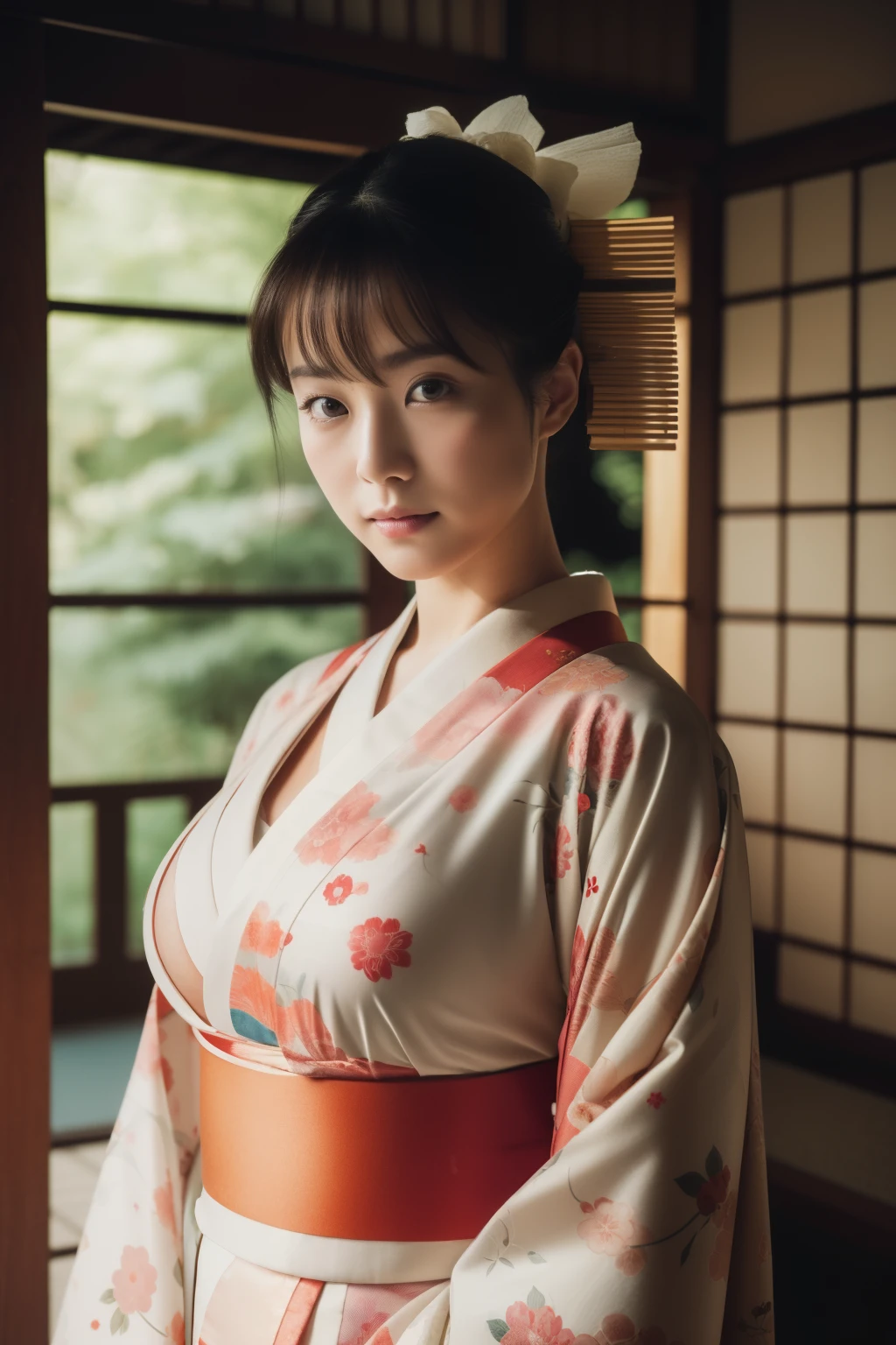 (Highest quality, 8K, Masterpiece, Virtual image, beautiful woman, Japanese in kimono, 250 years old, Reveal between breasts, Alone, The room is decorated in Japanese style from the 80's, Clear composition, Looking at the camera, Beautiful hips, Dense, Extraordinarily detailed face, The texture of the skin is fine, DTudio level lighting, Soft box, Clear level 8K DSLR super35, Low contrast, Bokeh, Portrait, Long exposure --auto--)
This virtual image showcases a beautiful Japanese woman, dressed in a traditional kimono, who appears to be around 250