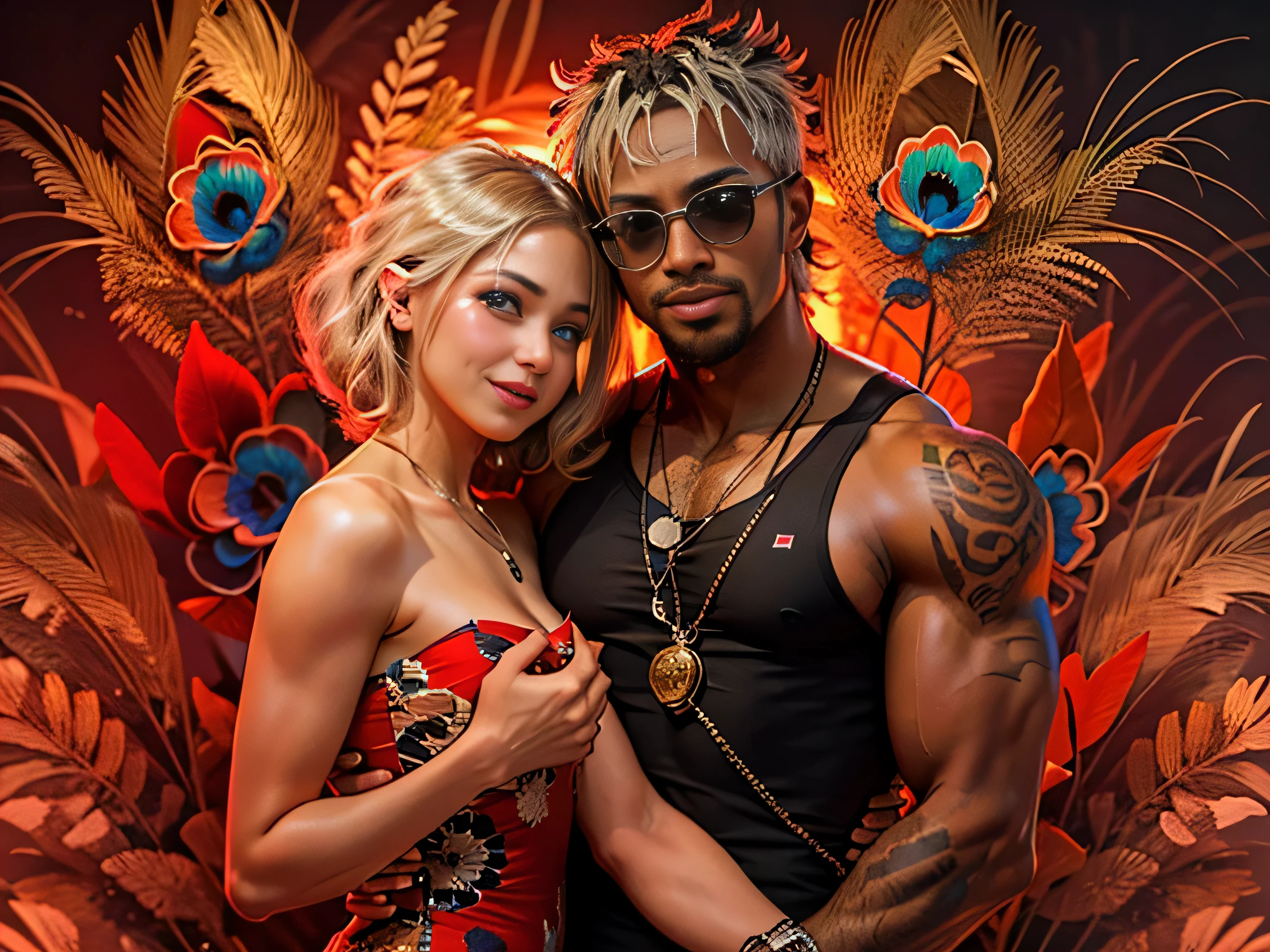 ((RAW image quality:1.4)), man and woman hugging each other, Young and handsome man, muscular, short hair, black tank top, ink, Dark skin including the face, sunglasses, 1 peacock feather in the hair, smile, close, and a beautiful young Japanese woman, blonde long hair, wearing a strapless red dress, gold ornaments, smile, nightclub background, neon light,