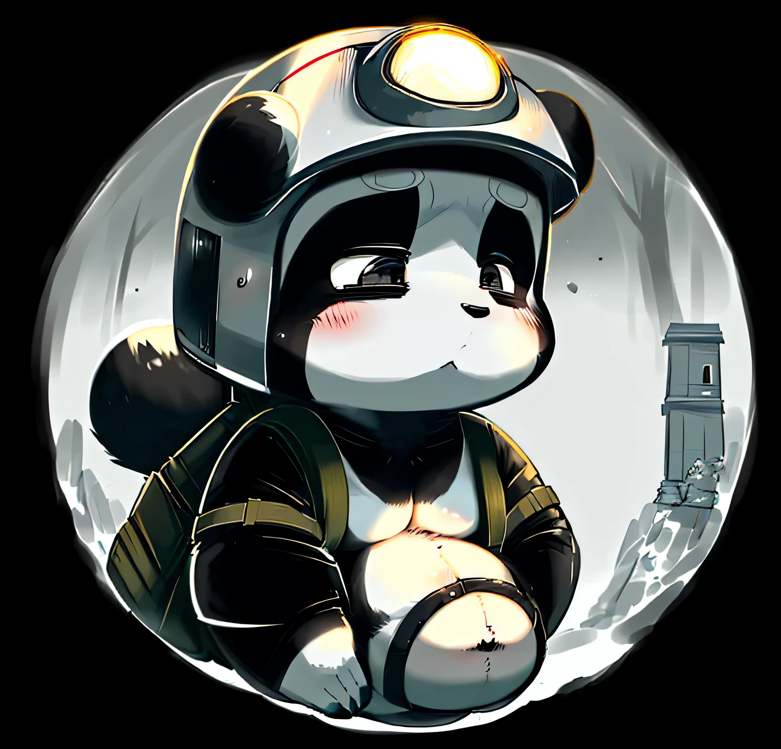Black-and-white female long-eyelash panda exploring devastated Japan,He is carrying a backpack that looks like an expedition set and carrying luggage on his stomach..,Wearing a helmet with a headlight,Cute animals