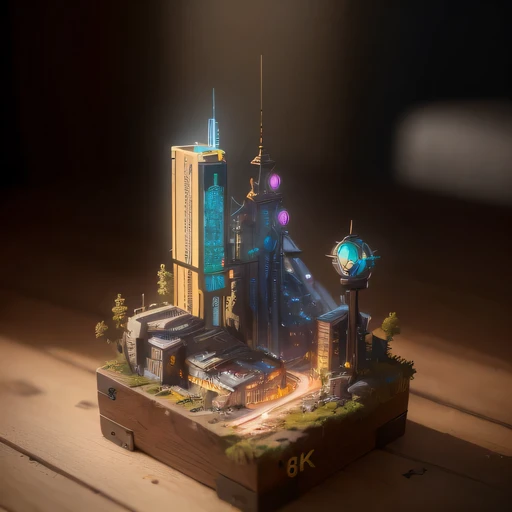 small realistic model, (8k, original photo, best quality, masterpiece:1.4),SteampunkCyberpunk1929 City,(Cyberpunk light:1.3),on the table,horizon (related to land),(in a small nature box:1.3),Isometric, small nature, landscape on foundation,landscape,
