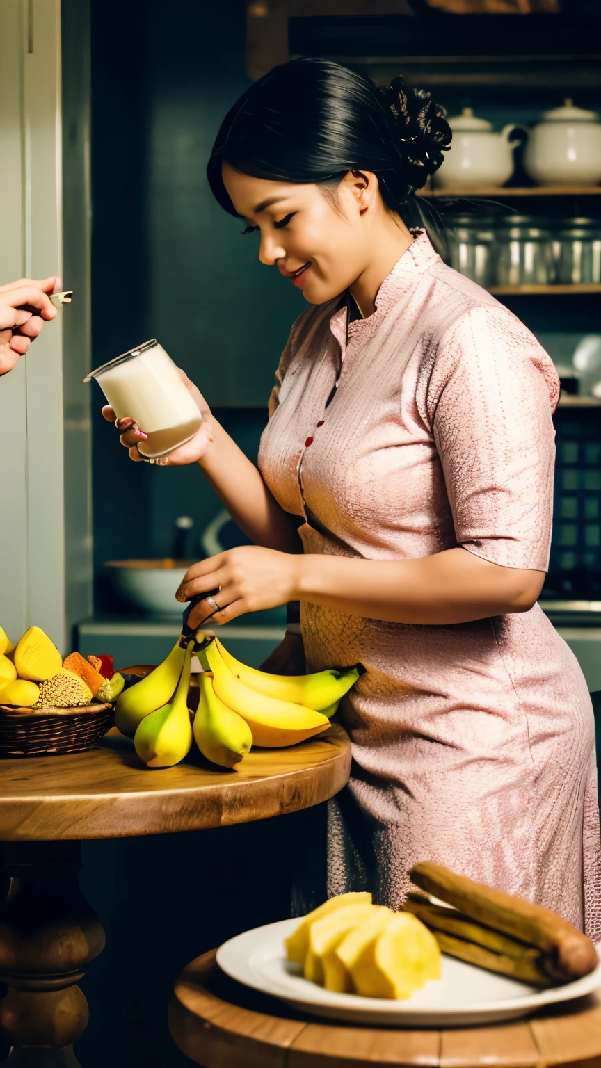 A traditional kitchen with two Indonesians. The first person is a plus-size woman wearing a kebaya, pouring and holding a glass of milk. The second person is a 40-year-old man sitting relaxed while holding a cigarette. There are various kinds of food in front, such as eggs, cassava, taro, yam, and bananas. dramatic light focus on subject. low angle, wide angle lens, 4d octane renderer, 128K cinematic, ultra realistic, Perfect anatomy.