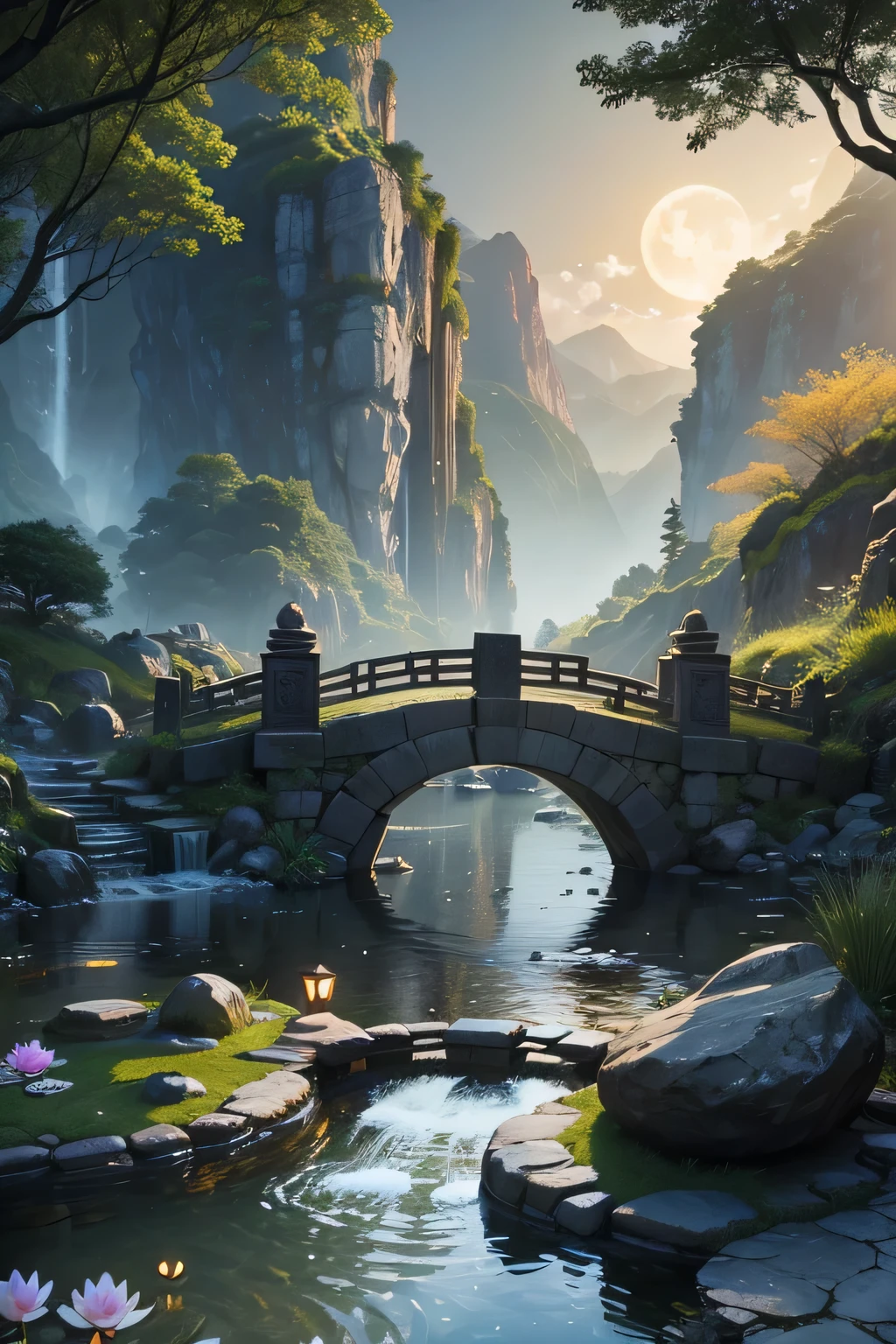 Ancient Chinese archwayitecture, moon, midnight, garden, bamboo, lake, stone bridge, rockery, archway, Corners, wood, water flowing, landscape, outdoor, waterfall, Grass, rock, water lily, hot spring, water vapor, (shape: 1.0), great composition, realistic lighting, HD details, masterpiece, highest quality, (High-definition CG Unity 8K) - 6 o&#39;clock&#39;clock