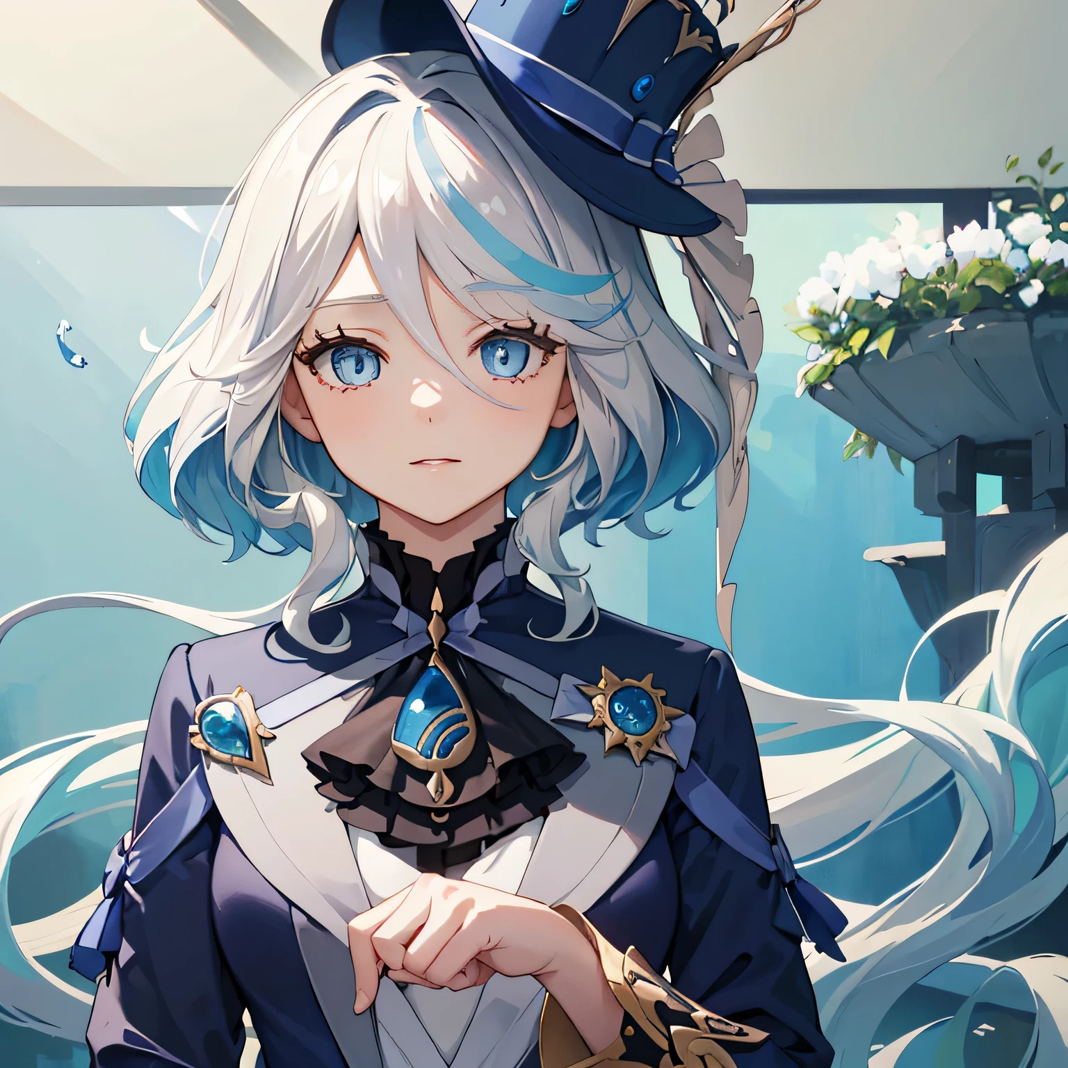 (a girl,anime girl) wearing a hat and a blue dress, (wallpaper,illustration,fine art:pencil:1.1,anime:muted) with (soft,blurred,flowing,rippling) blue water (in the background,as a motif). The girl has (large,expressive:1.1) eyes, (small,delicate) lips, and a (cheerful,contemplative:dreamy) expression on her face. She has (long,flowing:silver) hair gently (blowing in the wind, framing her face) and (long,tapered:detailed) eyelashes. The scene is (brightly lit:warmly lit) with (soft,natural:sunlight) streaming through the window, casting (subtle,gentle) shadows on the girl's face and the surrounding area. The overall image is of (high quality,4k:1.2,ultra-detailed,realistic) (anime,illustration) artwork, with (vibrant,vivid) colors and (shading,blending:1.1).