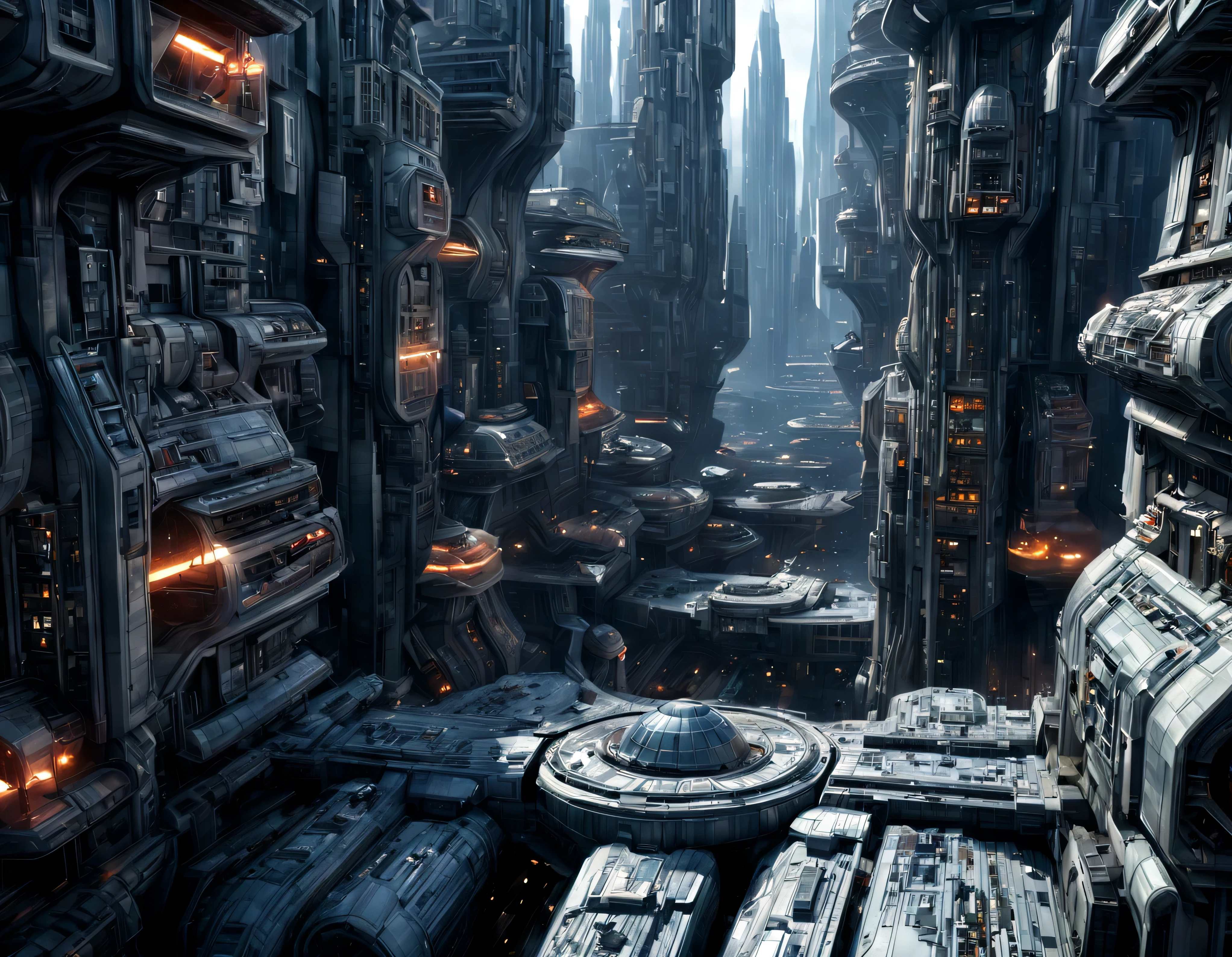 (The city of Coruscant from Star Wars as designed by Doug Chiang), futuristic fantasy city with immense buildings of technological design (que forman una avenida infinita), non-blurred compact buildings with metallic appearance, luces en ventanas en edificios, daylight lighting with sun, con estructuras acristaladas espectaculares, (con colores vivos). pavimento ensolado (sin brillo). gente paseando. imagen bien definida con muchos edificios juntos. sharp well defined 8k image. los edificios llegan alta el fondo.,8k. cinematographic image. ((obra maestra de superior calidad)). (renderizado 3D).