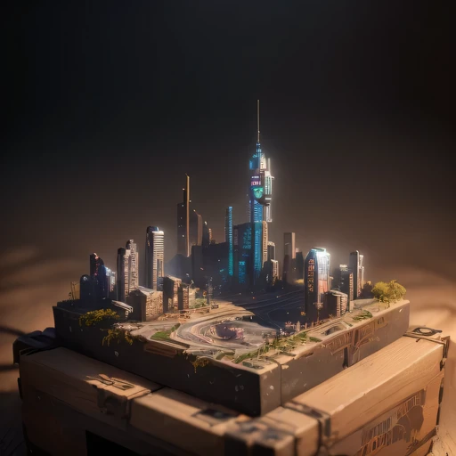 small realistic model, (8k, original photo, best quality, masterpiece:1.4),SteampunkCyberpunk1929 City,(Cyberpunk light:1.3),on the table,horizon (related to land),(in a small nature box:1.3),Isometric, small nature, landscape on foundation,landscape,
