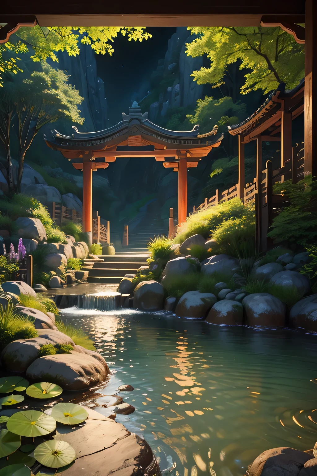 Ancient Chinese archwayitecture, moon, midnight, garden, bamboo, lake, stone bridge, rockery, archway, Corners, wood, water flowing, landscape, outdoor, waterfall, Grass, rock, water lily, hot spring, water vapor, (shape: 1.0), great composition, realistic lighting, HD details, masterpiece, highest quality, (High-definition CG Unity 8K) - 6 o'clock'clock