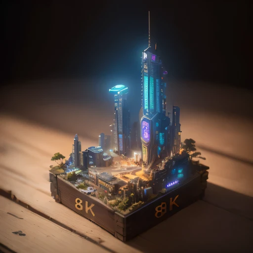 small realistic model, (8k, original photo, best quality, masterpiece:1.4),SteampunkCyberpunk1929 City,(Cyberpunk light:1.3),on the table,horizon (related to land),(in a small nature box:1.3),Isometric, small nature, landscape on foundation,landscape,