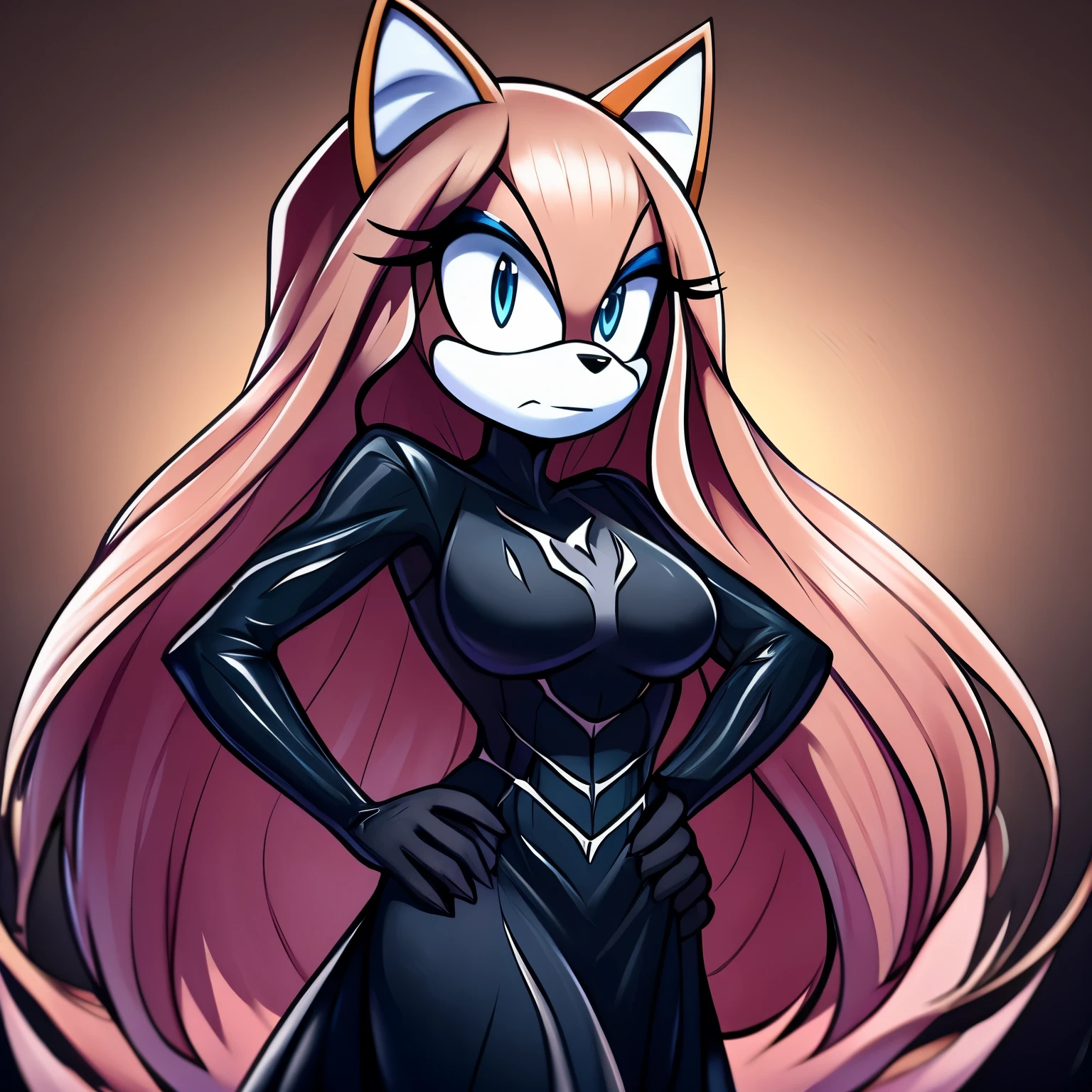 Female, Mobian, Fox, pinkish beige fur, tan muzzle, VERY long hair, blue eyes, blue makeup, serious expression, one hand on hip, venom Symbiote like black dress