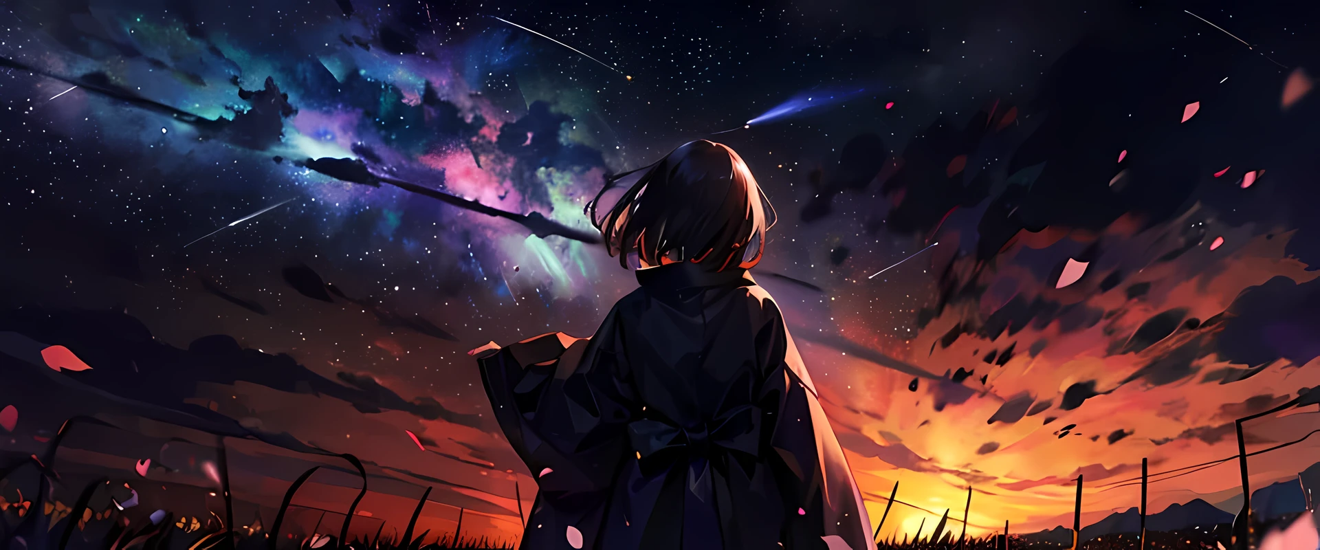 1girl, distant girl wearing a long coat staring at the stars, (zoomed out:1.1), (meteor shower:1.2), (comet:1.1),low angle, from behind, aroura borealis, shooting star, yukata, black coat, cherry blossoms, standing in a field,best quality, masterpiece, cloud,colorful, starry,stars,