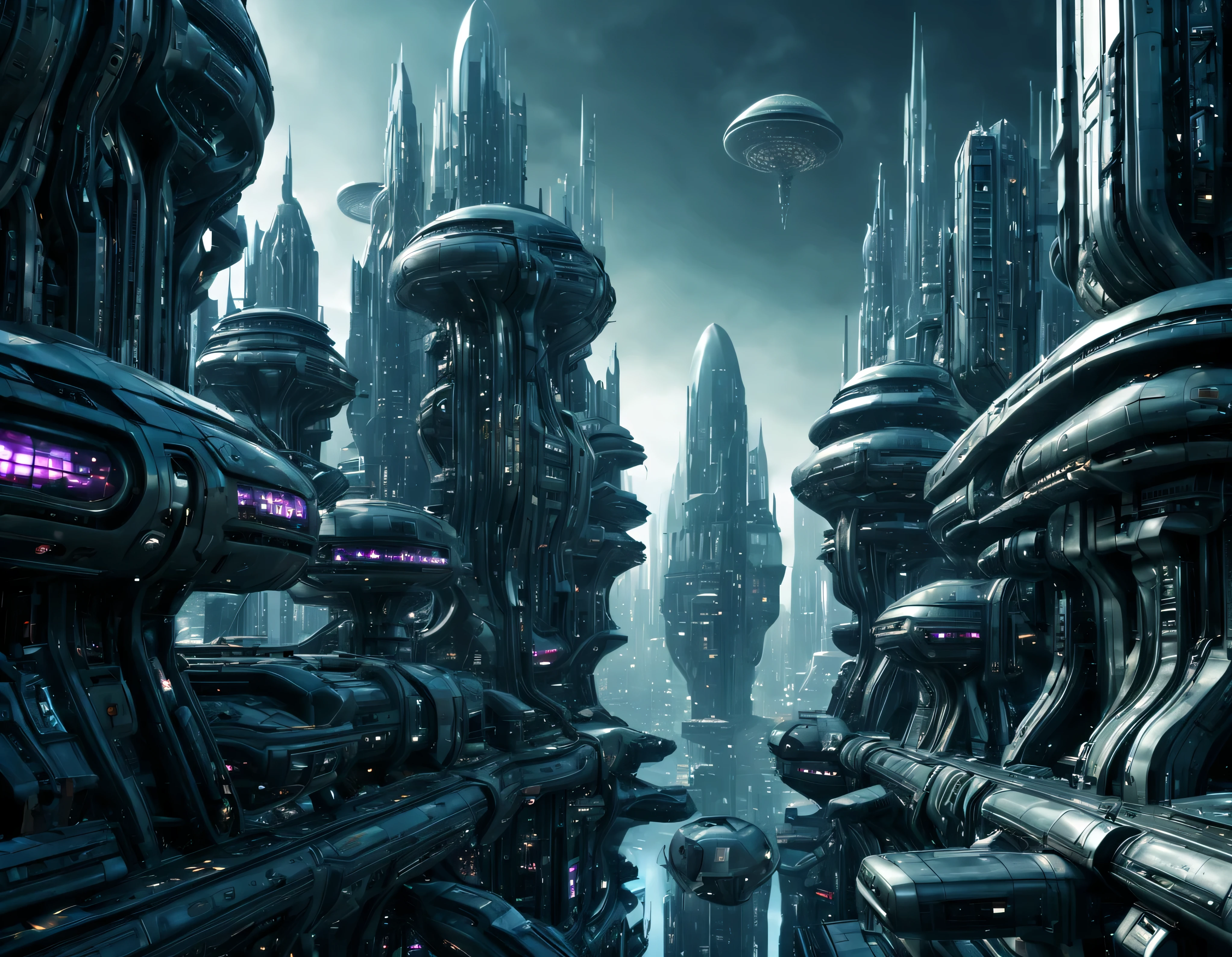 street of an extraterrestrial alien city with futuristic and technological architecture in its metal and glass conglomerado de buildings, some aliens walking around, ventanas iluminadas, all full of imagination, science fiction and (intrincados detalles de la maquina).imagen fotorrealista, Maximum sharpness, calidad 8k.(obra maestra de calidad superior). 3D.