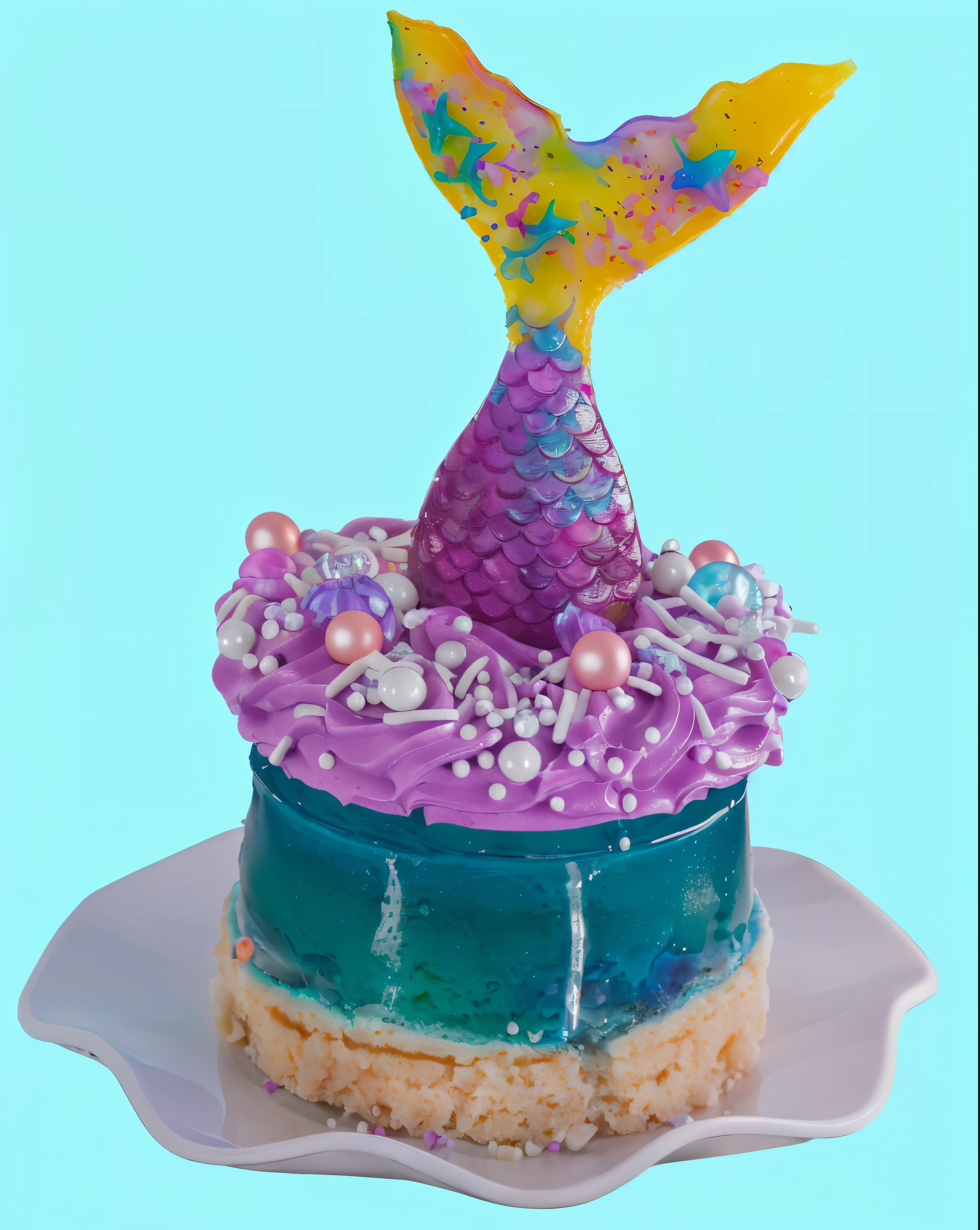 in a miniature kitchen, on a wooden table, worth a jelly cake, blue translucent jelly cake base, starfish swims inside the jelly, The jelly base of the cake symbolizes the seabed., top with purple cream, sprinkled with edible sprinkles and beads, mermaid tail sticking out of cake, cake symbolizes water, into which the mermaid jumped, themed cake, detailed texture of jelly and cream, realistic style, realistic textures, Detailed textures, ultra quality, super sharp photography, Food Photography, macro photography,