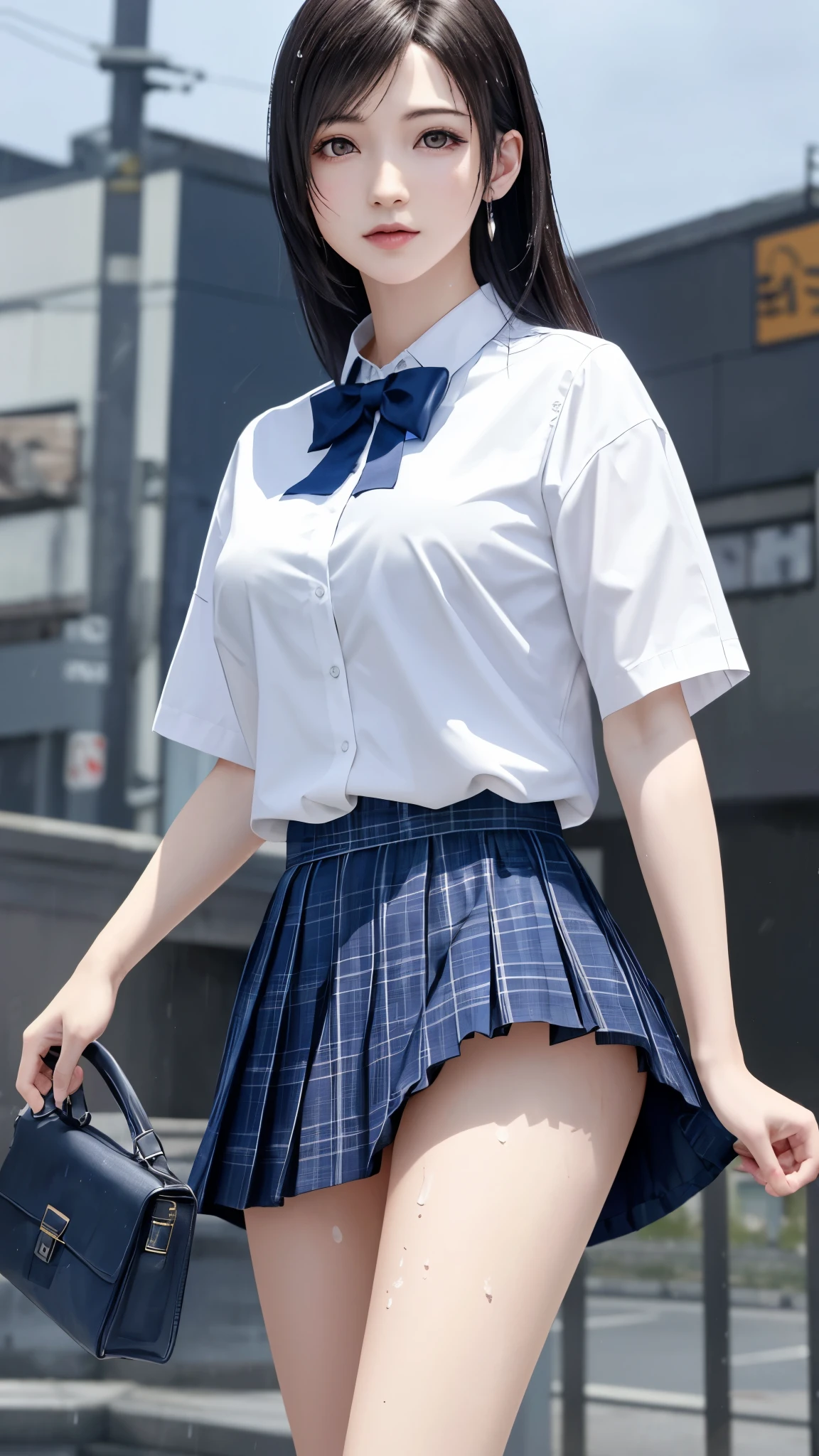 (top quality, masutepiece: 1.1), (Realistic: 1.3), (photoRealistic: 1.3),wallpapers, BREAK (((FF7,Tifa_lockhart))),(((Japan jk uniform,White short-sleeved shirt,Navy Blue Plaid Pleated mini-Skirt,Dark blue short socks,loafers))),(background big city,shibuya:1.1,heavy rain:1.3),(gravure pose:1.3,nogizaka idol),Ultra-detailed face, Detailed eyes,Red eyes, BREAK (((FF7,Tifa_lockhart))),(black brown hair, Large breasts: 1.2), (all body soaked:1.3),(Wet clothes, see through), just after rain, raining!, at evening during rain, wet from rain, rainy wet, raining portrait, BREAK , About 18 years old,kawaii,(face focus:1.2),sensual,zettai_ryouiki:1.1,looking at viewer,Beautiful legs,
