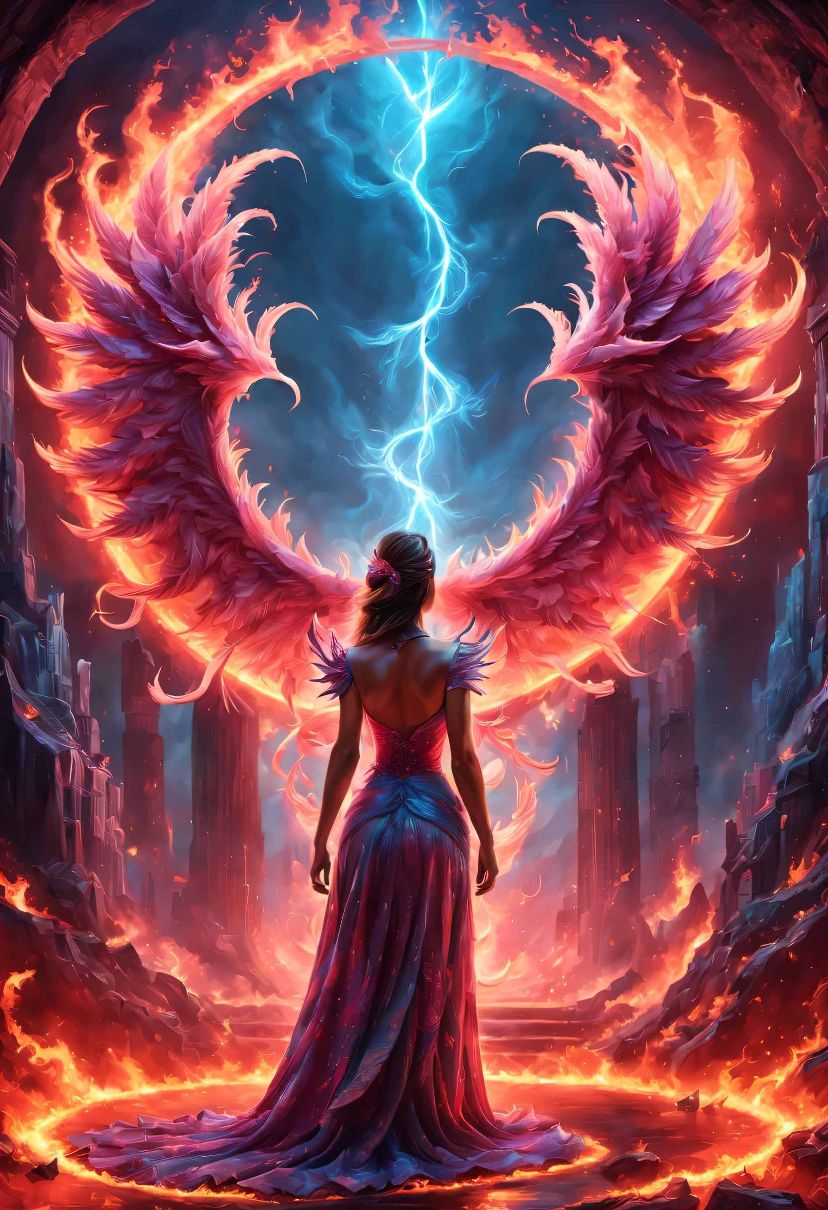 high details, best quality, 16k, [best detailed], masterpiece, best quality, (extremely detailed), a view from the rear of a beautiful woman looking through  a magical portal onto hell, the portal has magical pink magical wards  on it, she sees the fiery hell and rolling inferno faize , GlowingRunes_paleblue, GLOWING STYLE, feathered wings