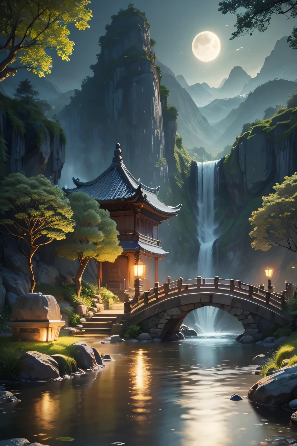 Ancient Chinese archwayitecture, moon, midnight, garden, bamboo, lake, stone bridge, rockery, archway, Corners, wood, water flowing, landscape, outdoor, waterfall, Grass, rock, water lily, hot spring, water vapor, (shape: 1.0), great composition, realistic lighting, HD details, masterpiece, highest quality, (High-definition CG Unity 8K) - 6 o'clock'clock