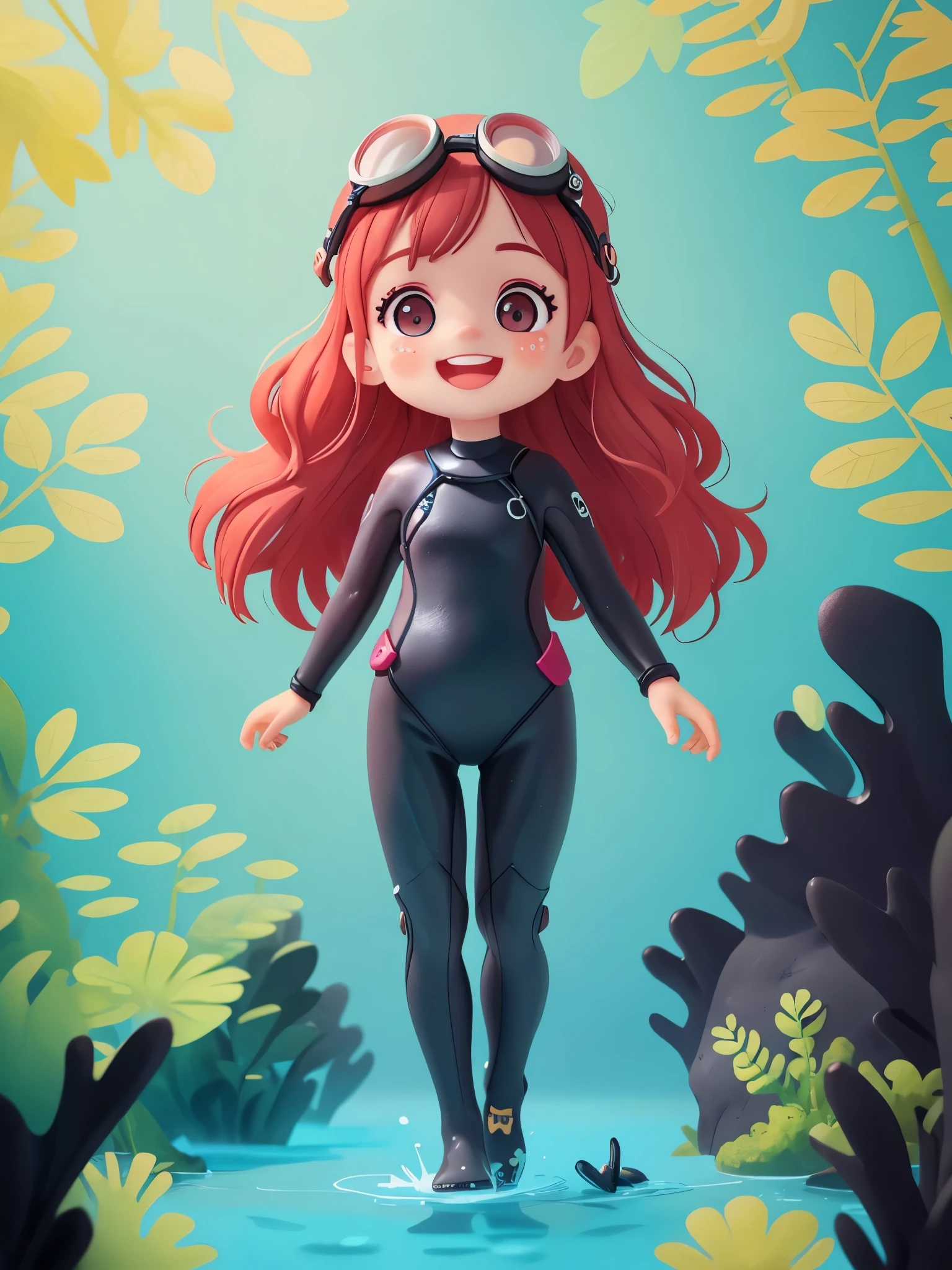 Cute girl who dreams of becoming a diver, preschool，Dress up as a diver，wear(((Black wetsuit))), ((Diving goggles))，Floating in the water， smiling, (masterpiece: 1.2) (actual: 1.2) (Bokeh) (best quality) (delicate skin: 1.3) (intricate details) (8k) (exquisite eyes) (sharp focus), (happy)