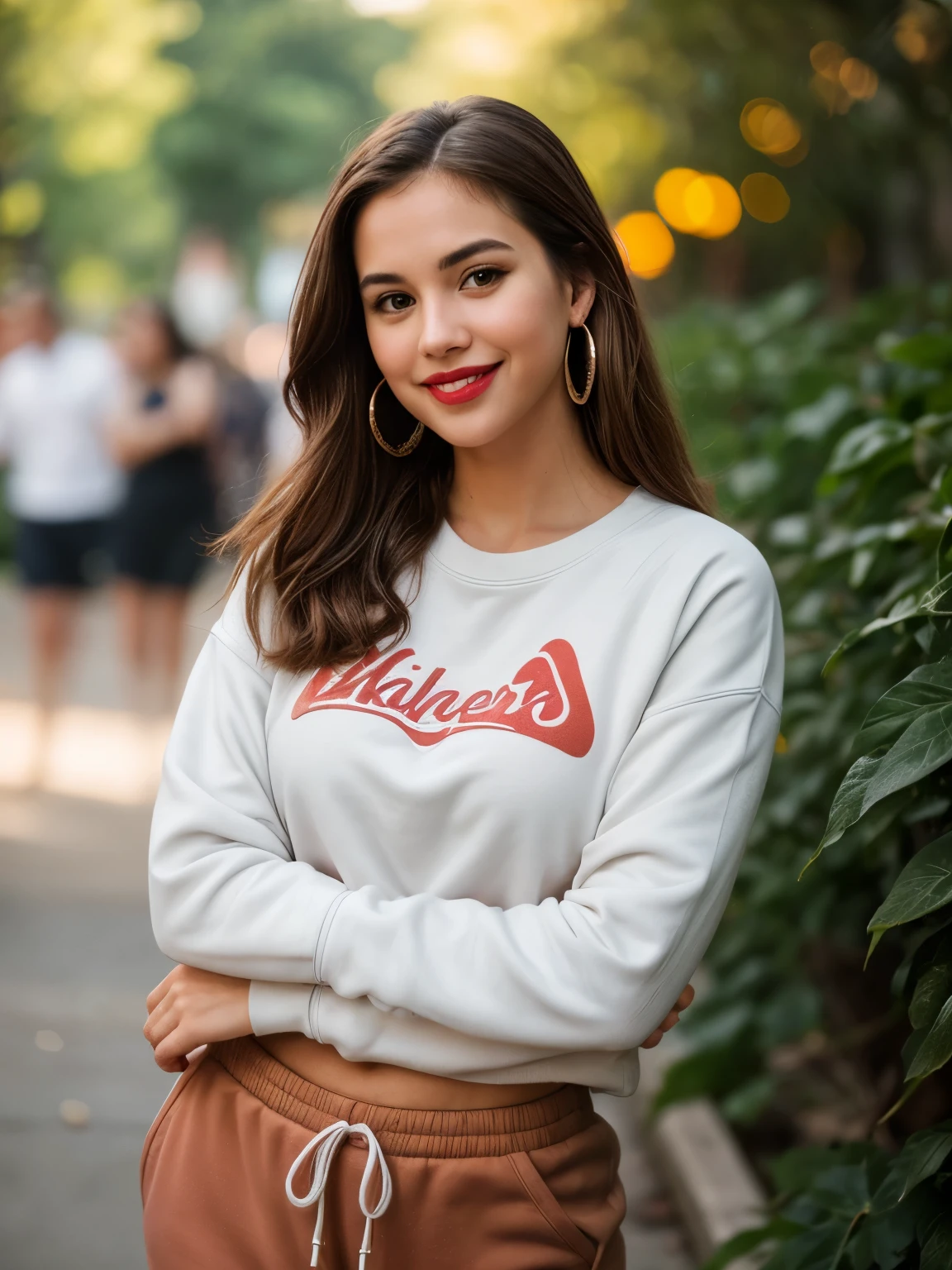 A half body photo of a attractive woman 20 y.o., NSFW, flashing, (:1.1),
Sweatpants and sweatshirt, Maven, Tall, Athletic, Triangular Face, Fair Skin, long brown Hair, hazel Eyes, [[Curved Nose]], Thick Lips, Round Chin, Instagram model, cheerful smile, medium breasts, Dangle earrings, coral stain lipstick,
Masterpiece, hi res, 8k, award winning, RAW photo, high quality, 35mm photograph, film grain, bokeh, professional, 4k, highly detailed, 