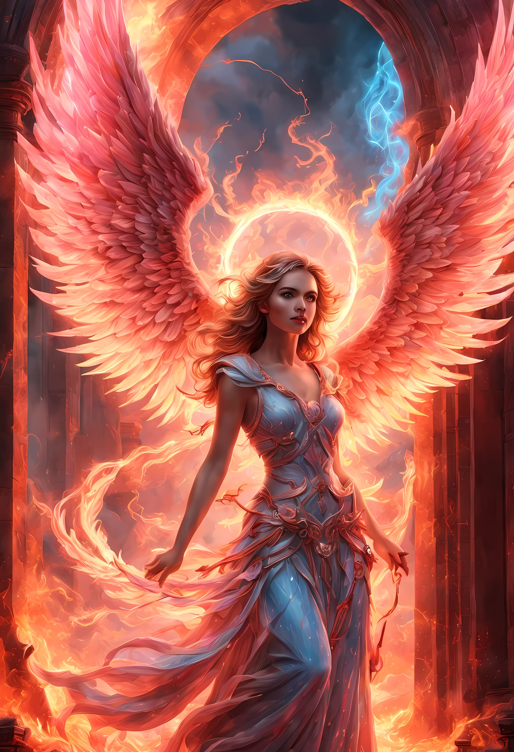 high details, best quality, 16k, [best detailed], masterpiece, best quality, (extremely detailed), a picture of a beautiful female angel, looking through  a magical portal onto hell, the portal has magical pink magical wards  on it, she sees the fiery hell and rolling inferno faize , GlowingRunes_paleblue, GLOWING STYLE, feathered wings