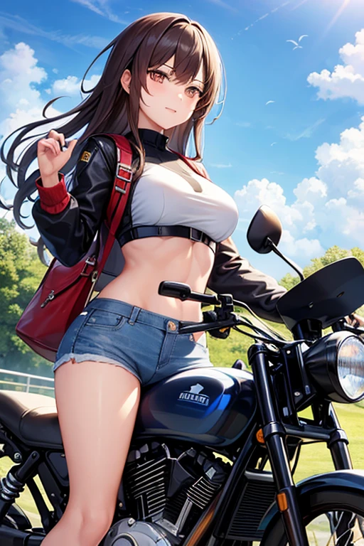 an illustration of a woman riding a motorcycle with a cat on top, 1girl, sky, ground vehicle, brown hair, cat, day, outdoors, bag, cloud, long hair, abs, blue sky, brown eyes, breasts, motor vehicle, navel, muscular, muscular female, shorts, motorcycle
