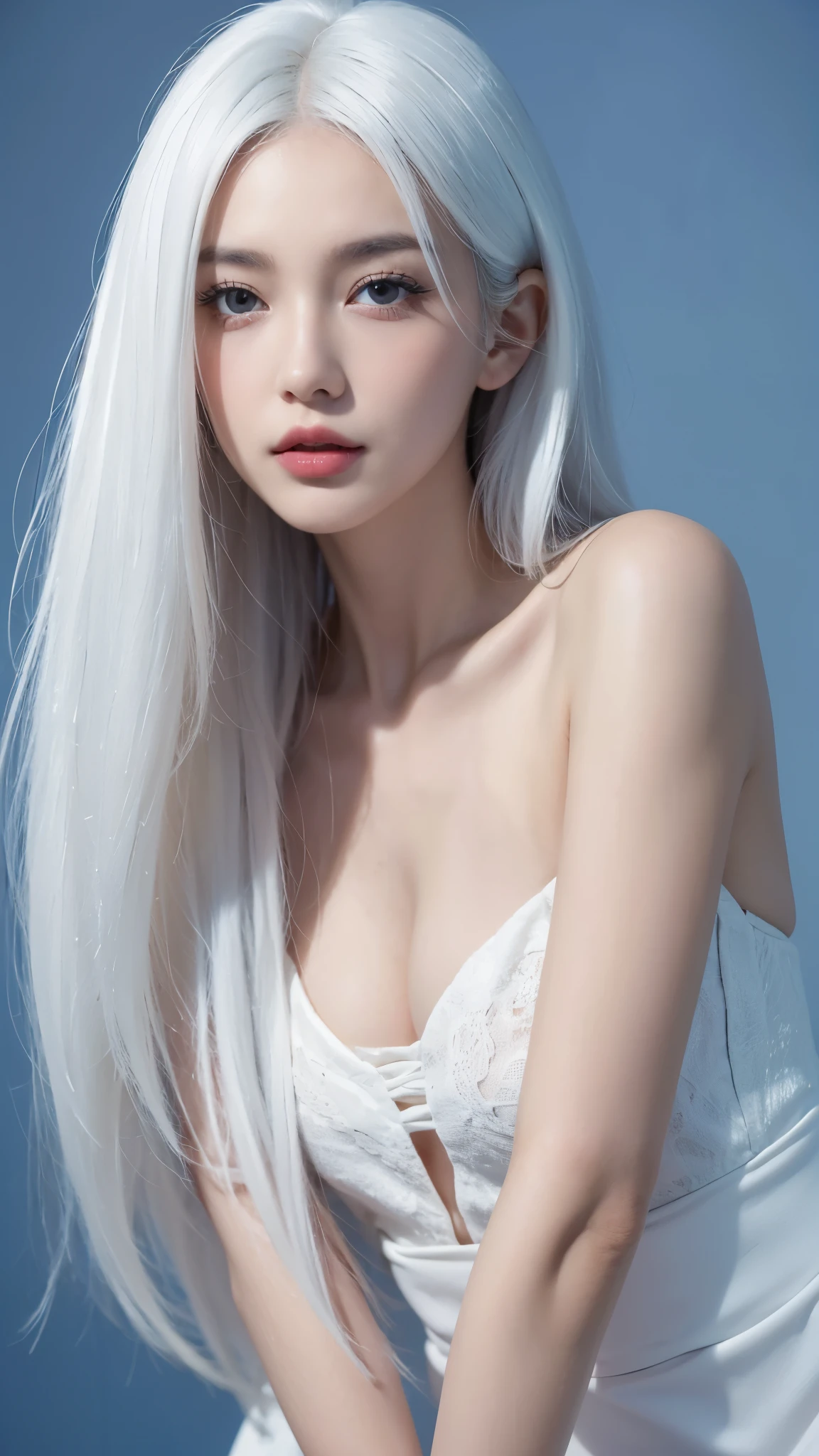 masutepiece, Highest Quality, (Solo Focus), (Perfect face:1.1), (high detailing:1.1), (ultradetailed eyes), Dramatic, Man with pale skin and long voluminous white hair, White eyes, Solo, Long hair, Sephiroth, Moon, Night, white luxury suit, Covered navel, Pouty lips, furr, arrogant expression, rose garden, Detailed background, Art by Artgerm, Cinematic lighting, roses, Fashion, BalenciagaStyle
