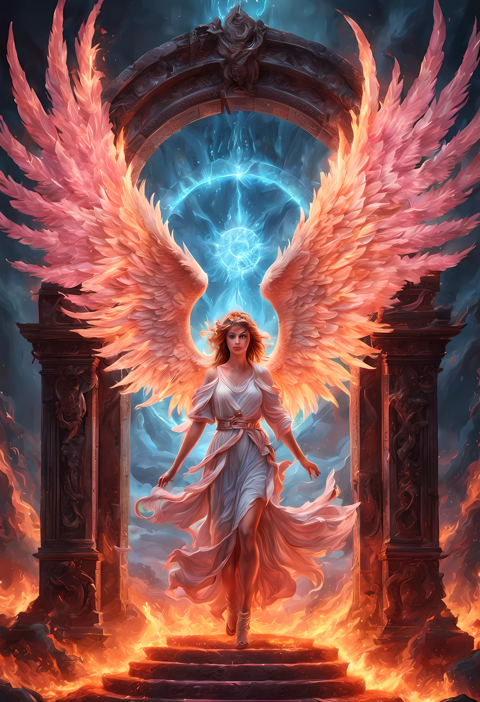 high details, best quality, 16k, [best detailed], masterpiece, best quality, (extremely detailed), a picture of a beautiful female angel, looking through  a magical portal onto hell, the portal has magical pink magical wards  on it, she sees the fiery hell and rolling inferno faize , GlowingRunes_paleblue, GLOWING STYLE, feathered wings