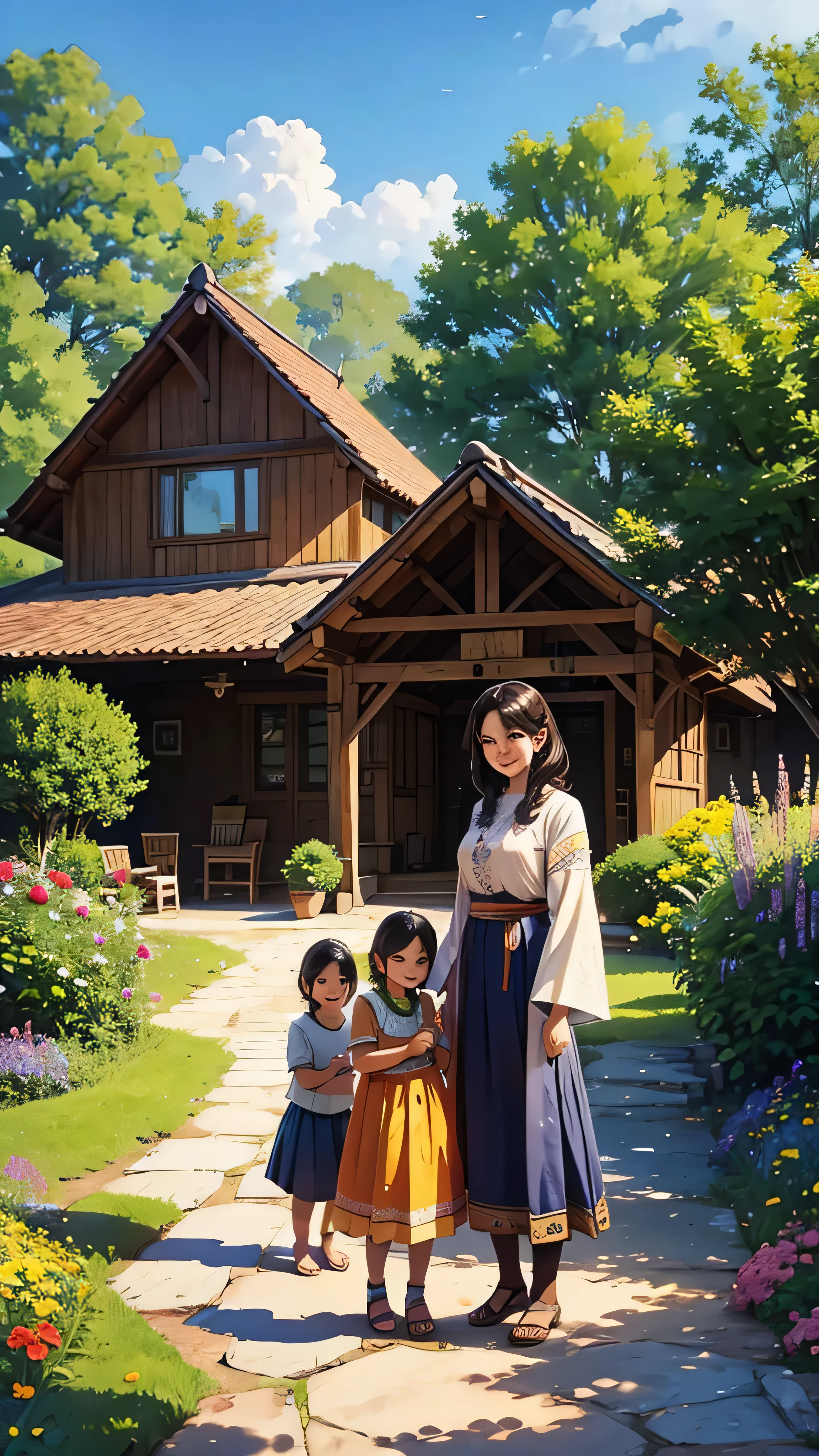 (a village person:1.1),(wife:1.1),(kids:1.1),peaceful sunny day,(beautiful natural surroundings:1.1),(colorful flowers),(cozy small stone house),(green trees),(clear blue sky),(happy atmosphere),(smiling faces),(warmth),(family bond),(simple lifestyle),(traditional clothing),(rustic charm),(serene countryside),(tranquility),(gentle breeze),(joyful moment),(togetherness),(carefree laughter),(innocence)