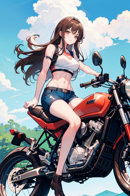 masterpiece,Super detailed,Best Quality,8k,Inuyama Aoi,solo focus,Solo Girl,solo motorcycle,one girl,one motorcycle,City background,Honda CL 250,a girl riding elaborate and more detailed scrambler style motorcycle at blue color,Her riding motorcycle has one headlight and two mirrors and two front indicators and one speedmeter and one brake and one clutch and handlebars and one front wheeland and one fuel tank and two seats and one stand and two suspensions and one exhaust pipe and one muffler and one rear wheel and two rear indicators and one carrier and one tail light赤面,Light brown hair,Semi-long hair,Light green eyes,topless, (Denim shorts black bikini:1.3),sideboob,Big Breasts,Cleavage,Denim shorts,Hand Repair,Facing forward,NSFW