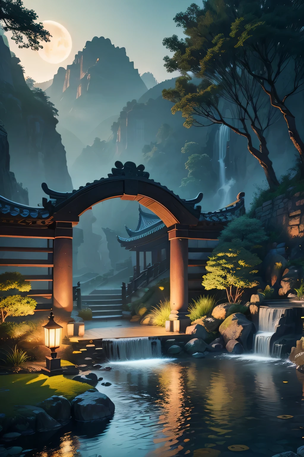 Ancient Chinese archwayitecture, moon, midnight, garden, bamboo, lake, stone bridge, rockery, archway, Corners, wood, water flowing, landscape, outdoor, waterfall, Grass, rock, water lily, hot spring, water vapor, (shape: 1.0), great composition, realistic lighting, HD details, masterpiece, highest quality, (High-definition CG Unity 8K) - 6 o'clock'clock
