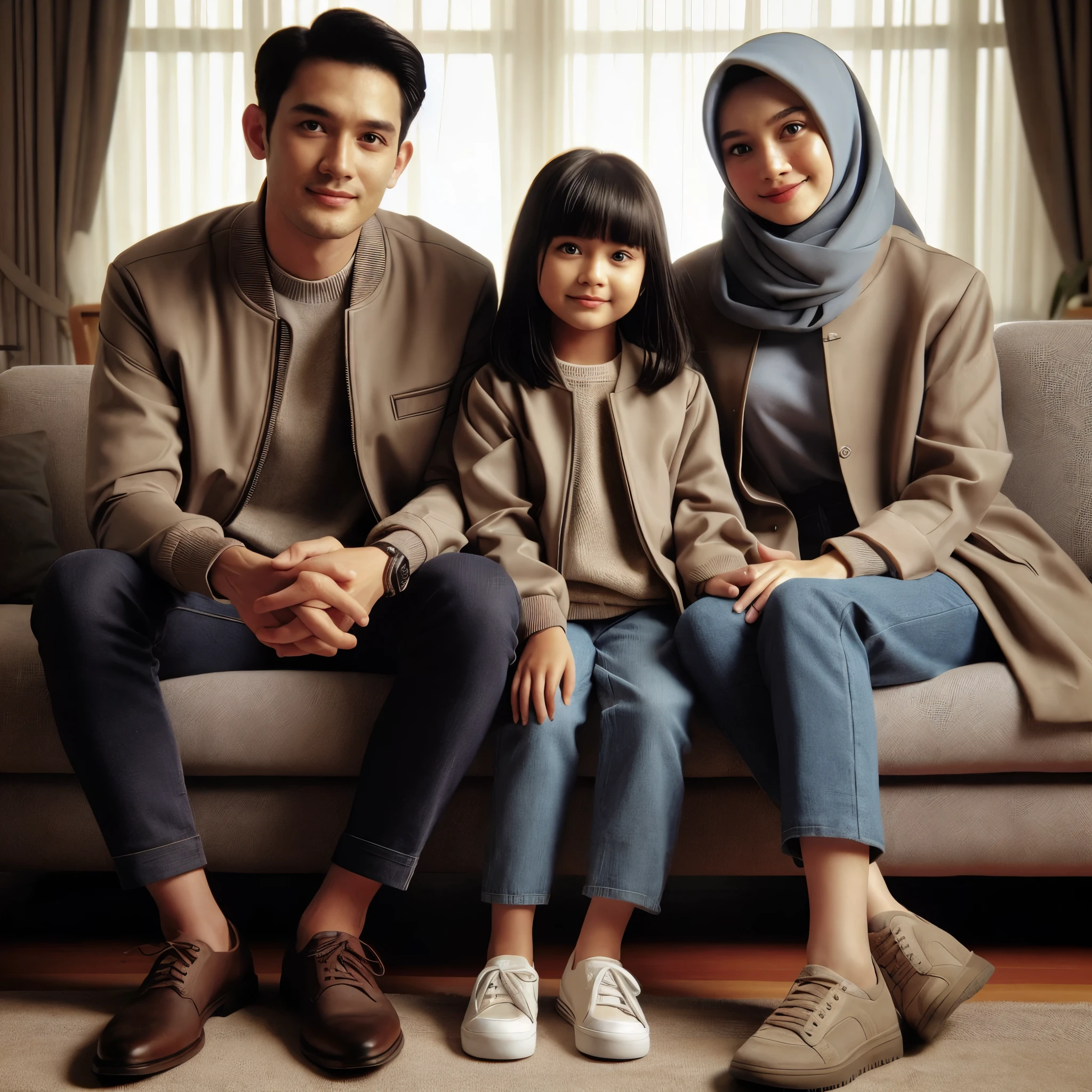 Araffe family sitting on a couch in a living room - SeaArt AI