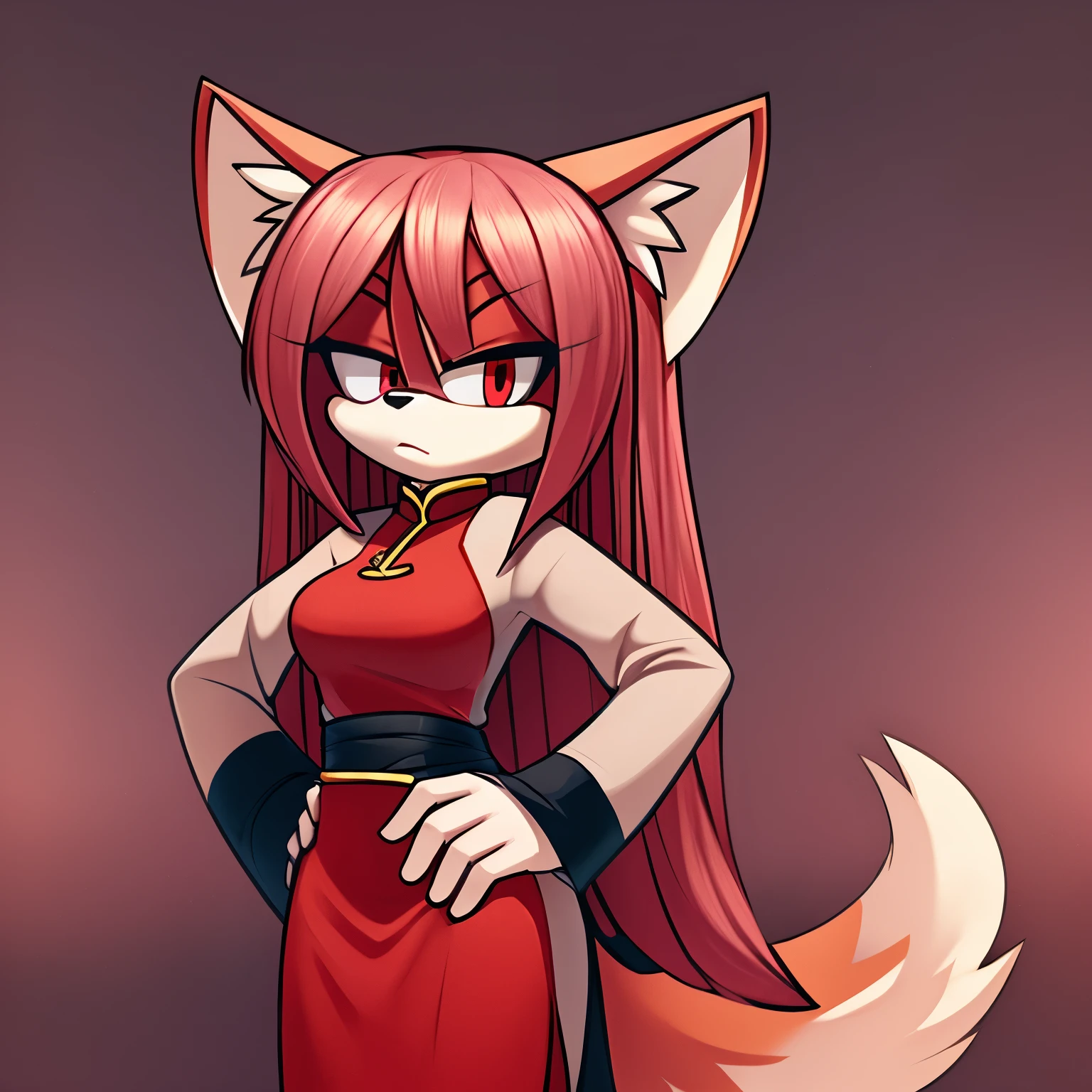 Female, Mobian, Kitsune, pinkish beige fur, white fuzzy muzzle, VERY long hair, red eyes, red makeup, serious expression, one hand on hip, hair bangs, hair on shoulders, long sleeved cheongsam dress, sash belt