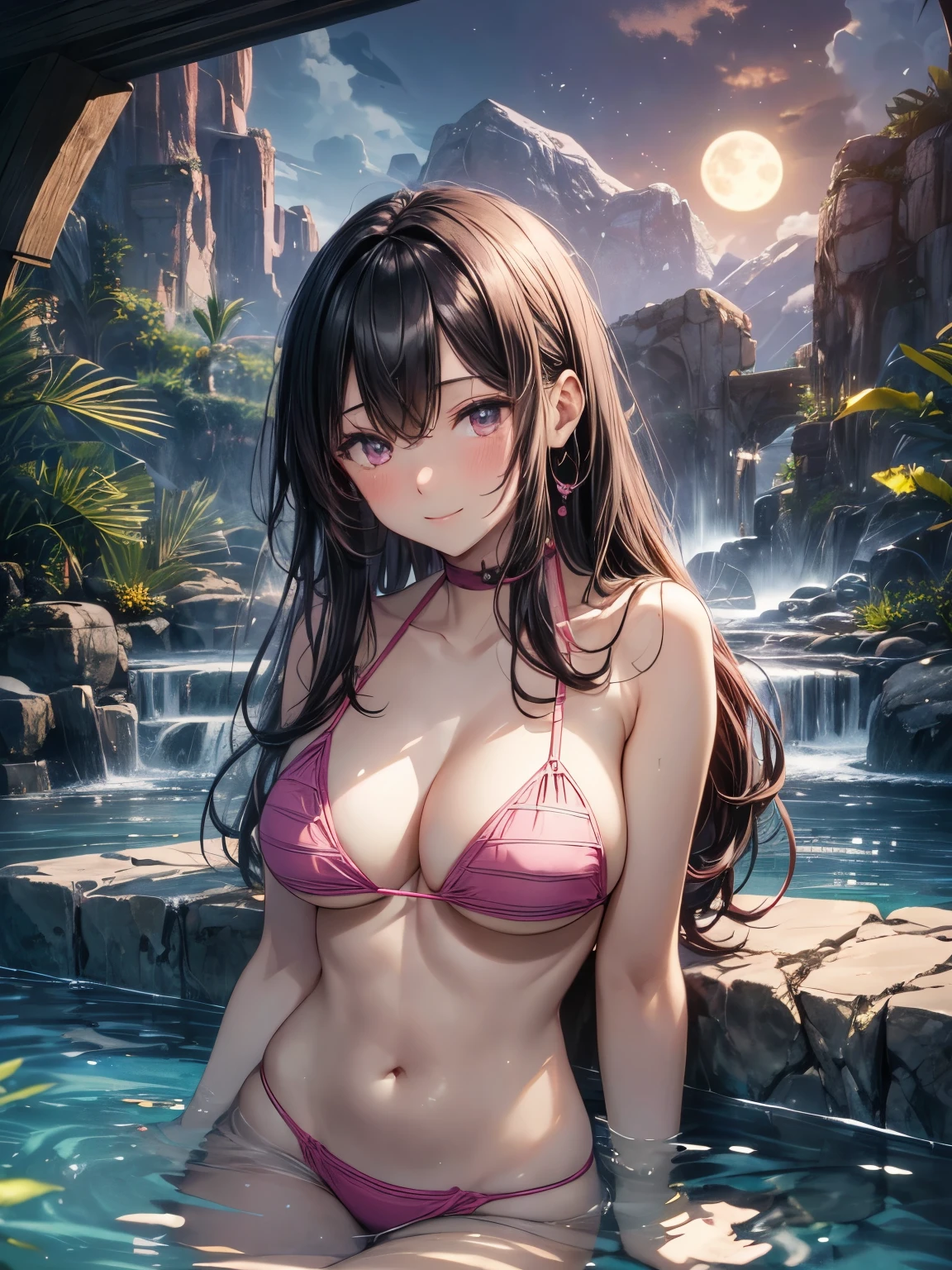 highest quality、All limbs、full finger、1 girl、((one beautiful woman、solo))、black haired woman、long hair、straight hair、big breasted woman、big smile、((pink bikini:1.2))、Superior hotel、((open-air bath))、bare hands、barefoot、hot spring surrounded by rocks、full moon、night、sexy pose