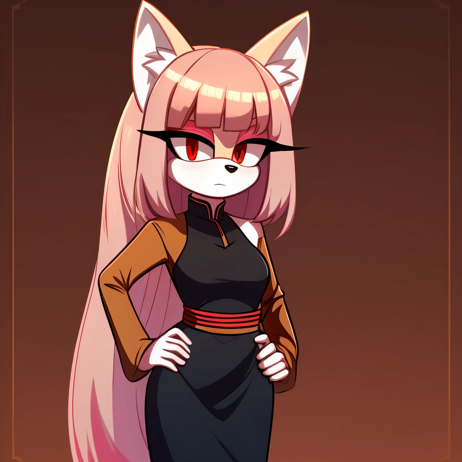 Female, Mobian, Kitsune, pinkish beige fur, white fuzzy muzzle, VERY long hair, red eyes, red makeup, serious expression, one hand on hip, hair bangs, hair on shoulders, long sleeved cheongsam dress, sash belt