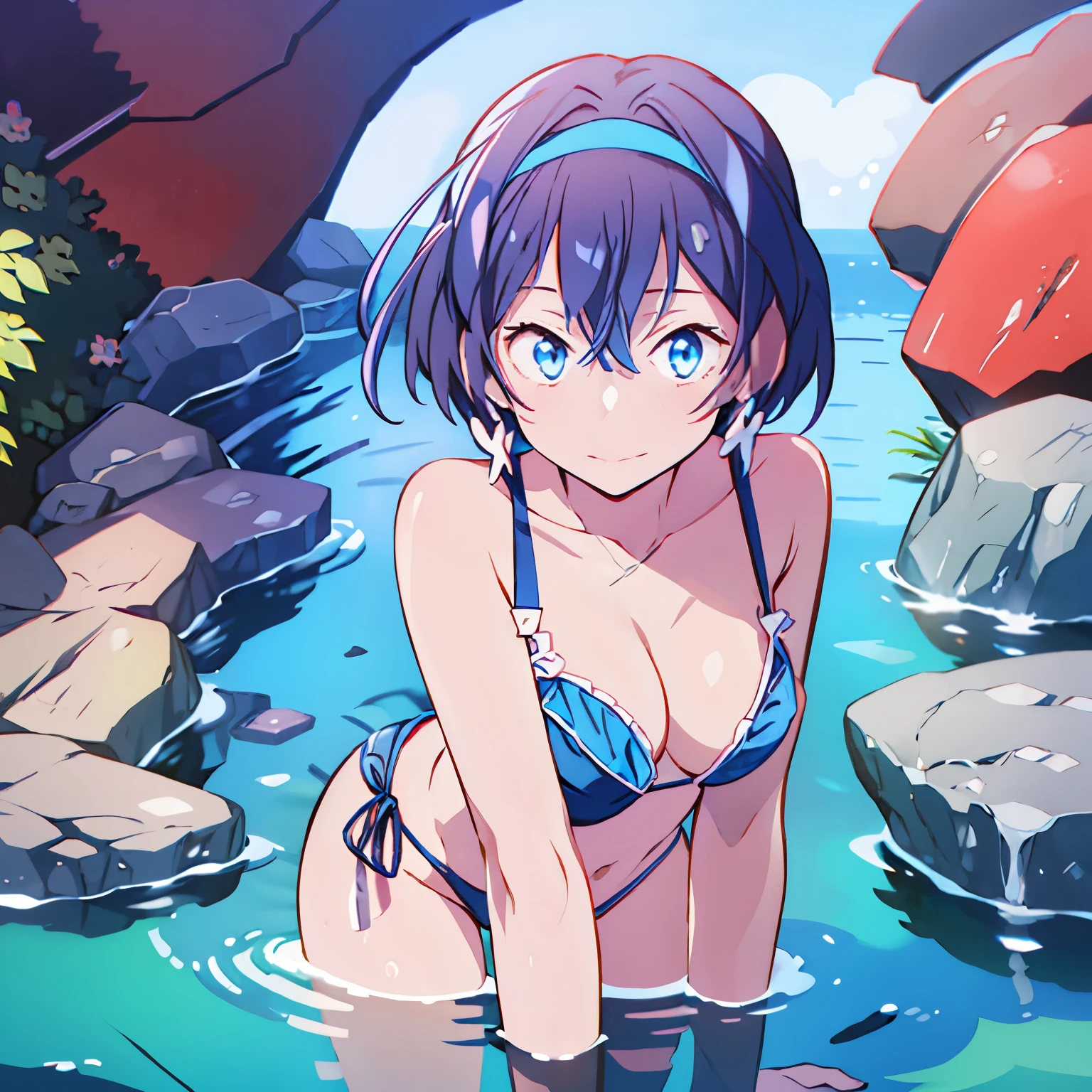 Dark Blue hair, blue eyes, pink bikini, smile