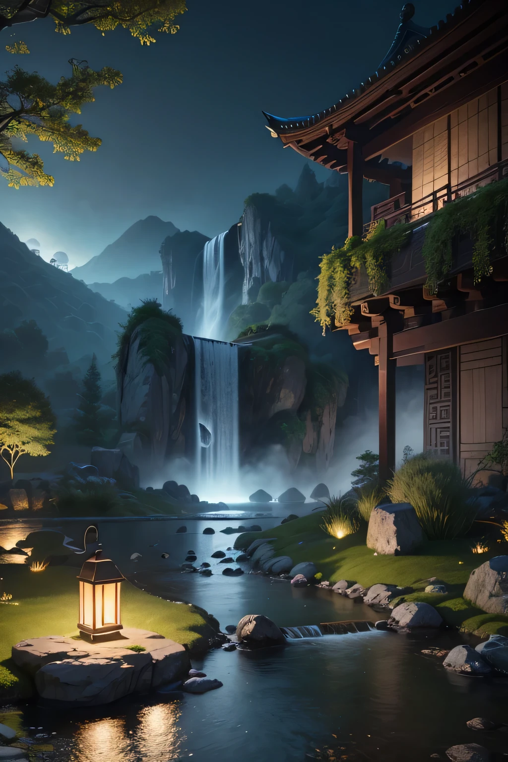 Ancient Chinese archwayitecture, moon, midnight, garden, bamboo, lake, stone bridge, rockery, archway, Corners, wood, water flowing, landscape, outdoor, waterfall, Grass, rock, water lily, hot spring, water vapor, (shape: 1.0), great composition, realistic lighting, HD details, masterpiece, highest quality, (High-definition CG Unity 8K) - 6 o&#39;clock&#39;clock