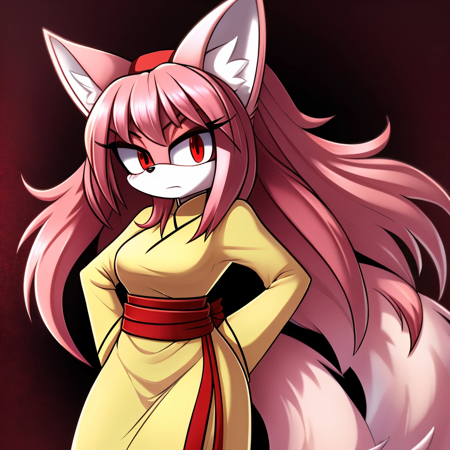 Female, Mobian, Kitsune, pinkish beige fur, white fuzzy muzzle, VERY long hair, red eyes, red makeup, serious expression, one hand on hip, hair bangs, hair on shoulders, long sleeved cheongsam dress, sash belt