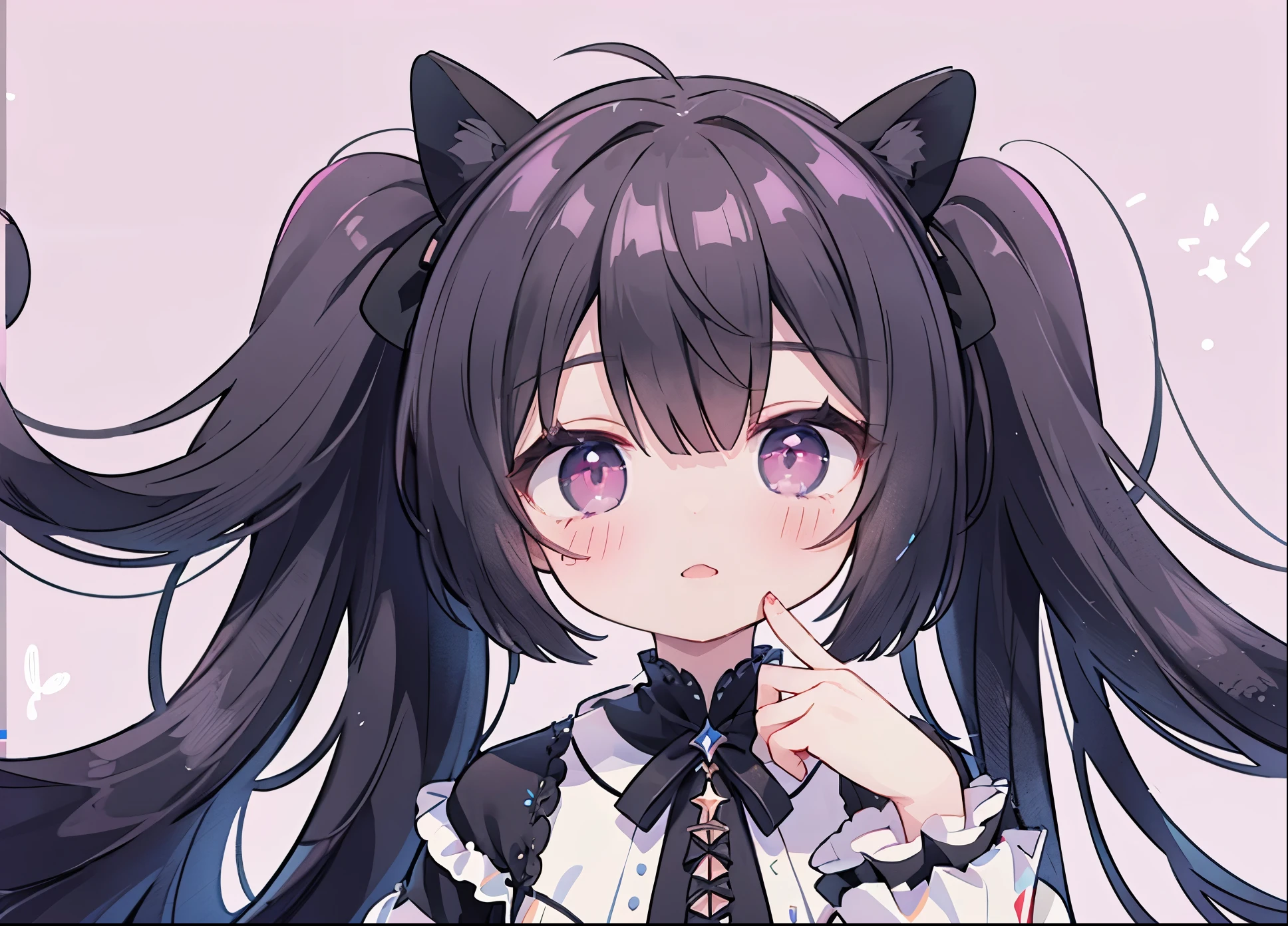 ((central)), ((face to face)), ((up shot)), masterpiece, dressed in Gothic ta clothes, black hair twintails, neon eyes, pink eyes, Solo, One girl, Solid pink background, invisible hands