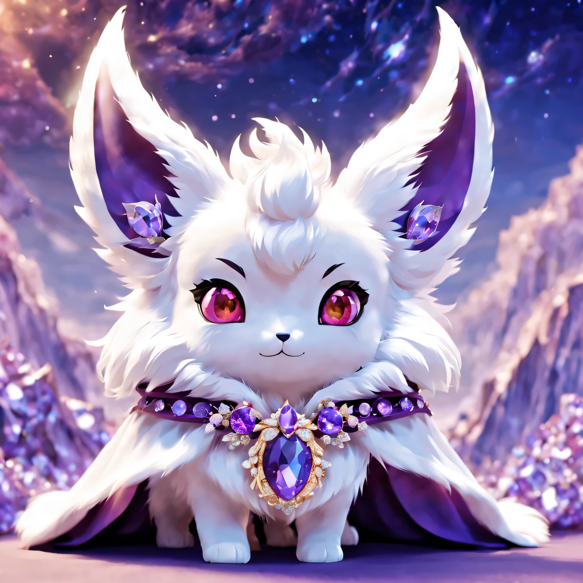 (masterpiece, highest quality:1.2), pal world nox,white,(purple short cloak),brooch:head of state:purple gem,red eyes,cute,,3D,8K,under the night sky