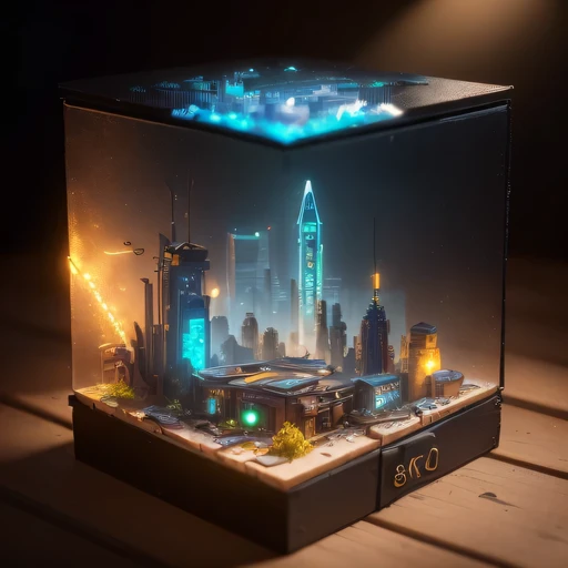 small realistic model, (8k, original photo, best quality, masterpiece:1.4),SteampunkCyberpunk1929 City,(Cyberpunk light:1.3),on the table,horizon (related to land),(in a small nature box:1.3),Isometric, small nature, landscape on foundation,landscape,