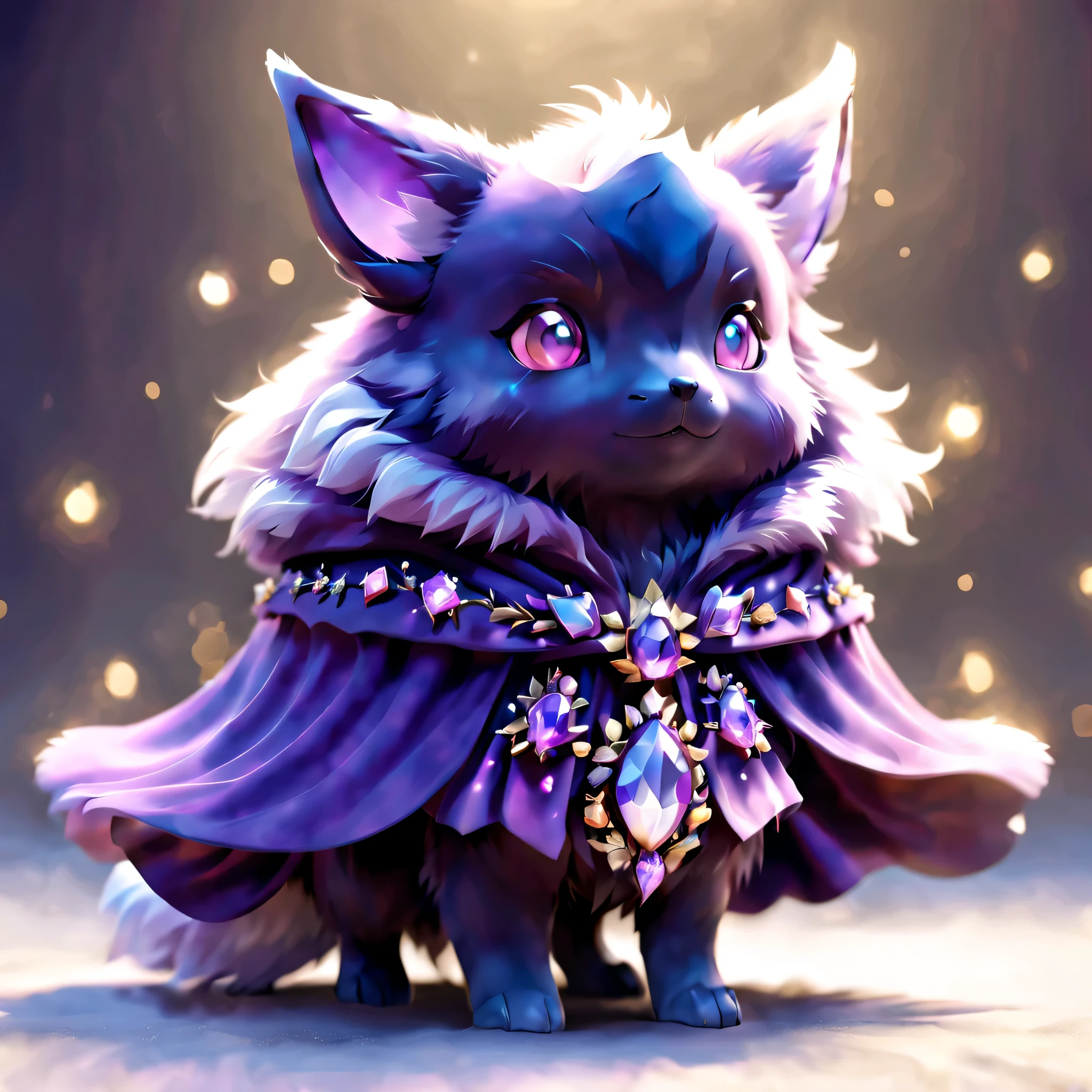 pal world nox,whole body,masterpiece,(purple short cloak),brooch:purple gem,animal,cute,whole body,3D,8K,Cast colorful spells,rich colors,3D,8K,nice,cute,magical lights,magic effect