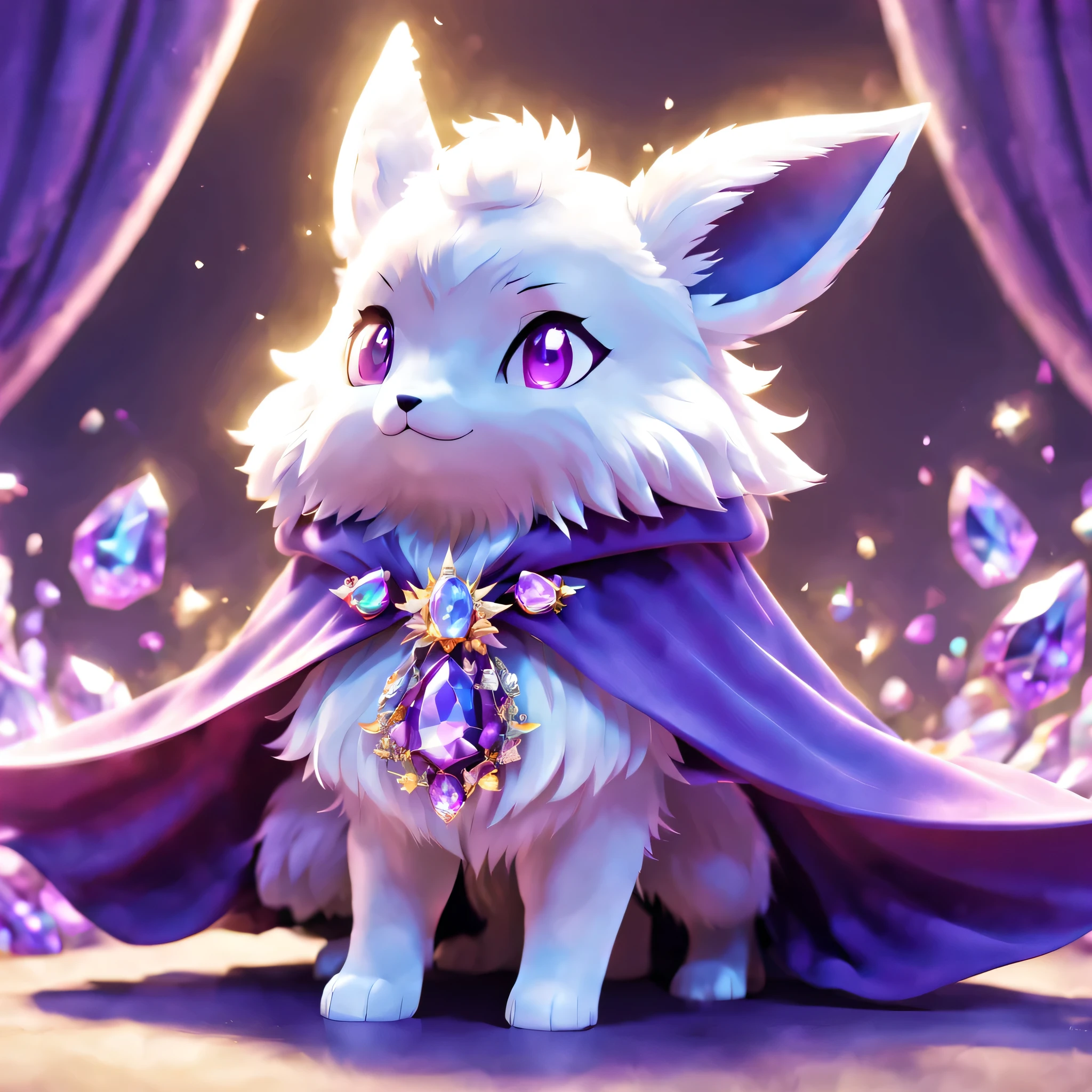 pal world nox,whole body,masterpiece,(purple short cloak),brooch:head of state:purple gem,animal,cute,whole body,3D,8K,Cast colorful spells,rich colors,3D,8K,nice,cute,magical lights,magic effect,star,aurora,beautiful light and shadow,Curtain of Light,flash,とてもflash