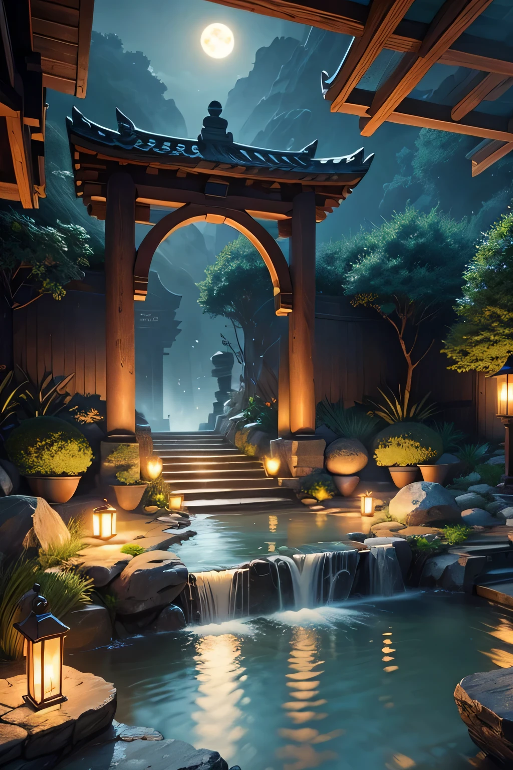 Ancient Chinese archwayitecture, moon, midnight, garden, bamboo, lake, stone bridge, rockery, archway, Corners, wood, water flowing, landscape, outdoor, waterfall, Grass, rock, water lily, hot spring, water vapor, (shape: 1.0), great composition, realistic lighting, HD details, masterpiece, highest quality, (High-definition CG Unity 8K) - 6 o'clock'clock