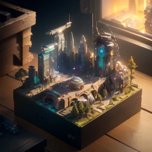 small realistic model, (8k, original photo, best quality, masterpiece:1.4),SteampunkCyberpunk1929 City,(Cyberpunk light:1.3),on the table,horizon (related to land),(in a small nature box:1.3),Isometric, small nature, landscape on foundation,landscape,