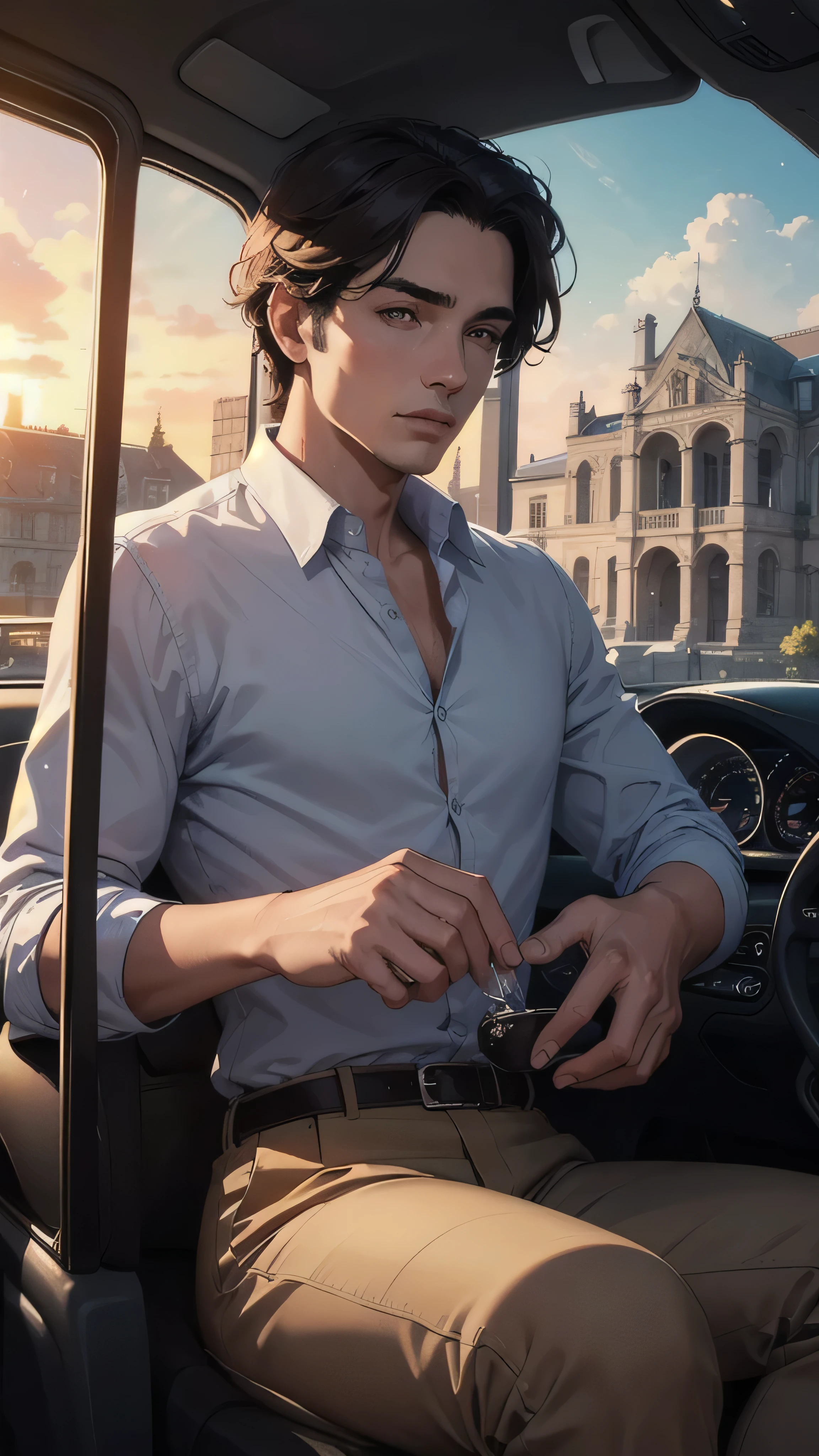 (a luxurious car,a beautiful mansion),(wealthy dad,son),(ready for their journey),(sun shining),(new beginning),(highres,vivid colors),(portraits),(warm and vibrant tones),(soft natural lighting)