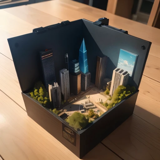 small realistic model, (8k, original photo, best quality, masterpiece:1.4),Steampunk Cyberpunk 1829 City,(Cyberpunk light:1.3),on the table,horizon (related to land),(in a small nature box:1.3),Isometric, small nature, landscape on foundation,landscape,